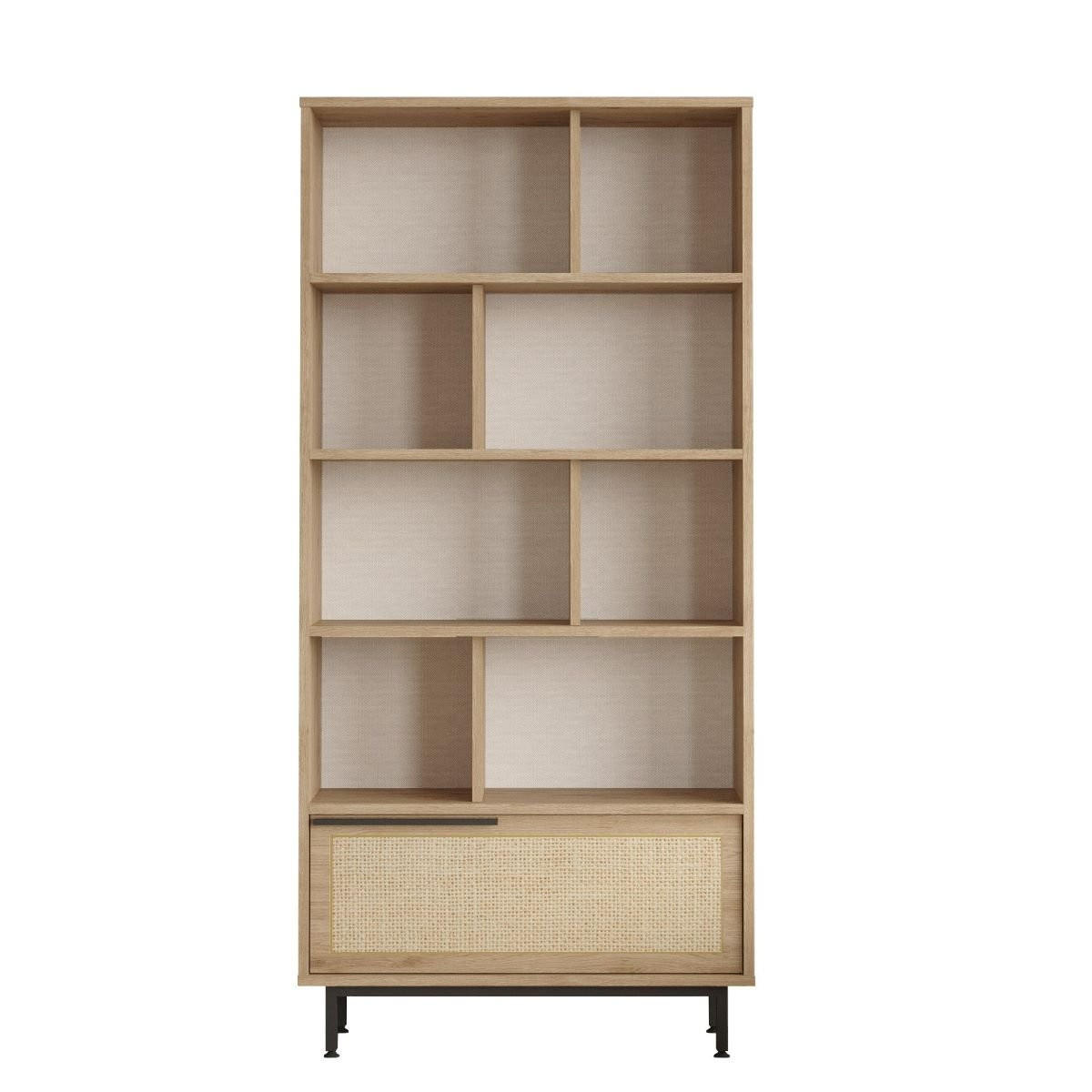 REGAL mit 9 Regalböden und 1 Tür, Eichen-Dekor und Rattan-Druck - H175,6 cm - Apfelbaumfarben, Holzwerkstoff (29.5/175.6/83.9cm) - Calicosy