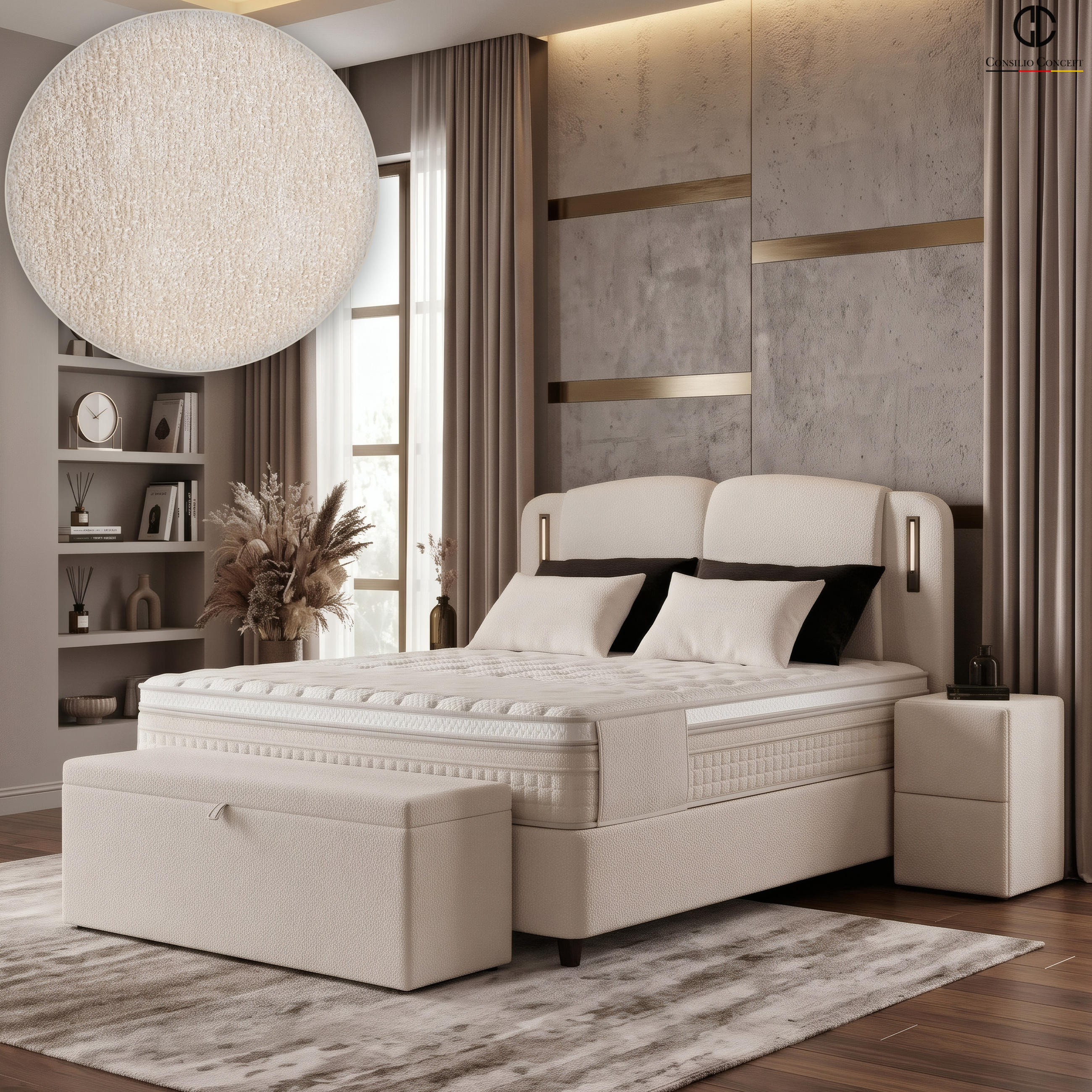 BOXSPRINGBETT MIT BETTKASTEN PORTO 180/200 cm, Beige, Bettkasten, Matratze, Topper integriert, H3 mittel 7-Zonen Matratze - Beige/Schwarz, Holz/Kunststoff (180/200cm) - Consilio Concept