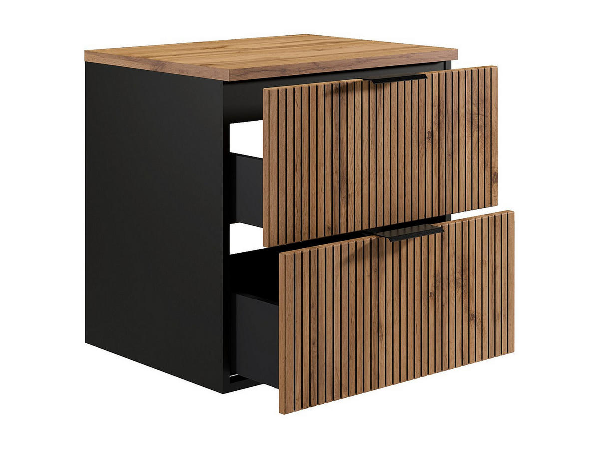 WASCHBECKENUNTERSCHRANK hängend mit Struktur und Holzplatte - Heller Naturton und Schwarz - 60 cm - MADELA - Schwarz, Holz (60/57/46cm) - Vente-Unique