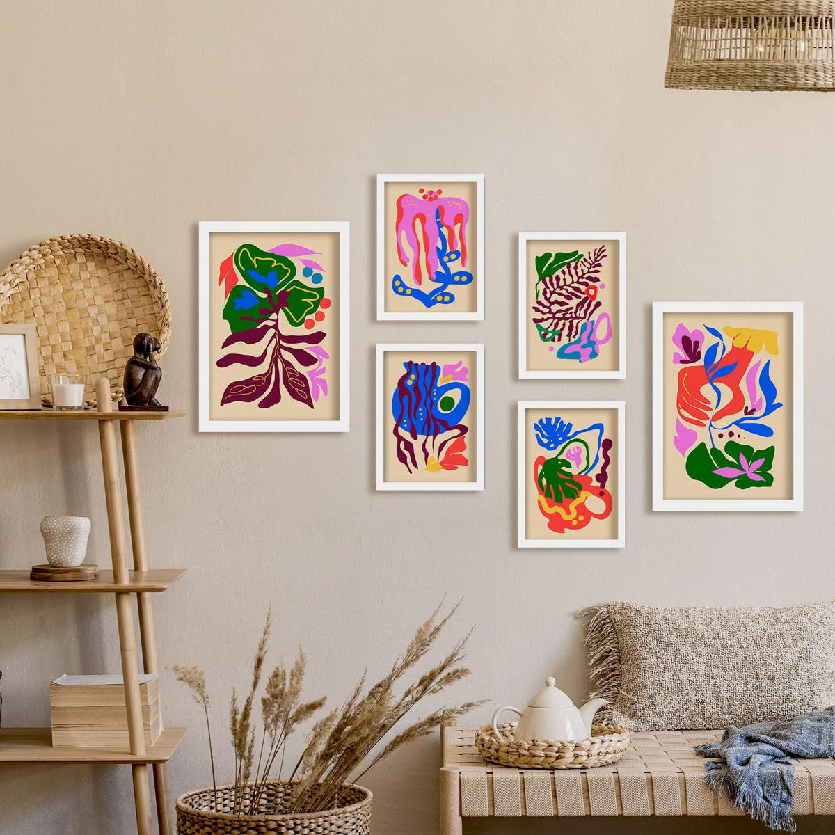 POSTER Set Mit 6 Malerisch 2 In Blume Zusammenfassung Ästhetische Dekorative Gemälde Für Ihr Wohnzimmer, Schlafzimmer, Zuhause A3 & A4 Weißer Rahmen - Weiß, Papier (29/3cm) - Nacnic