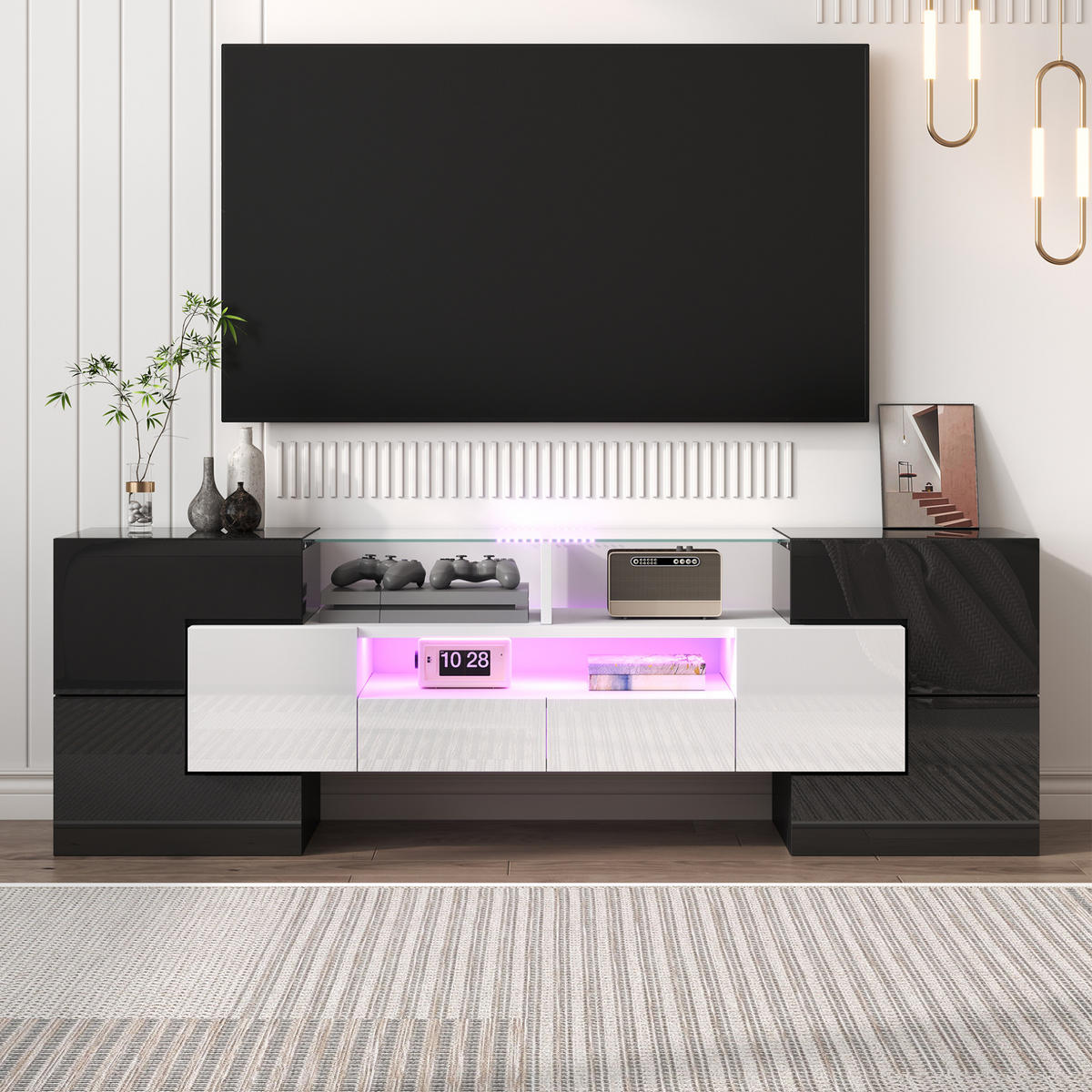 TV-SCHRANK mit LED-Beleuchtung 145 cm Hochglanz Weiß-Beton - Schwarz, Holzwerkstoff (30/51/145cm) - Beauniv