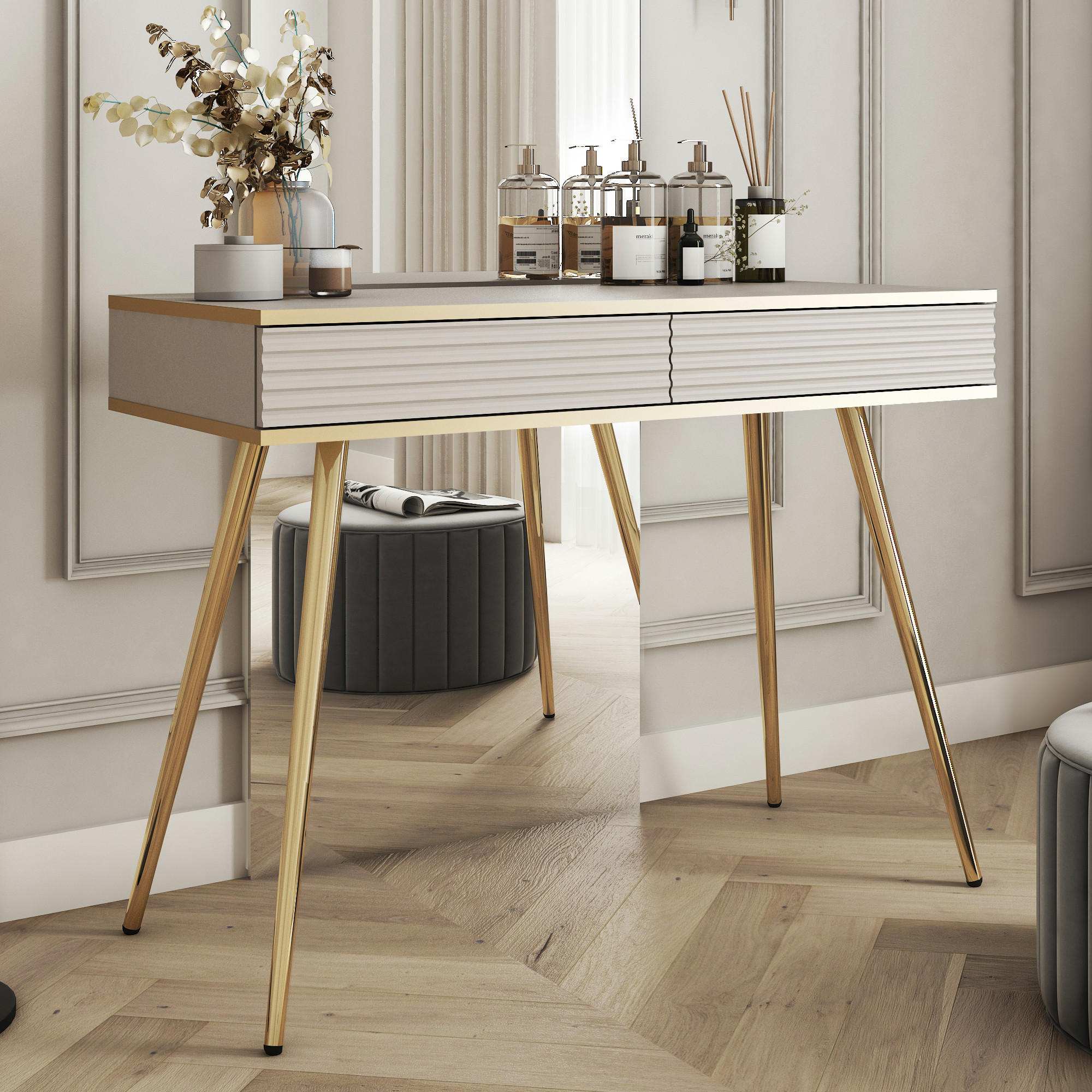 SCHMINKTISCH BANFF TOA2-2S Goldene Metallbeine, geriffelte Fronten, Beige - Beige, Holzwerkstoff/Kunststoff (102/80/50cm) - Komodee
