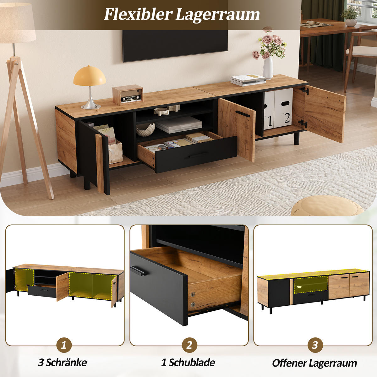 TV-LOWBOARD 180x32.5x50 cm 3 Schränke 1 Schublade 5 Beine - Multicolor, Holzwerkstoff (32.5/50/180cm) - FLIEKS