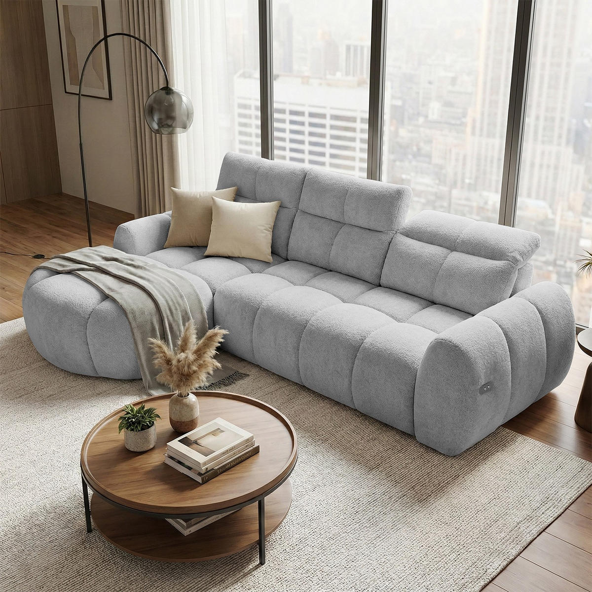 ECKSOFA Sorel Mini mit Automatisch verstellbarer Sitztiefe und Kopfstützen, links, Hellgrau - Hellgrau, Textil (190/275cm) - Beautysofa
