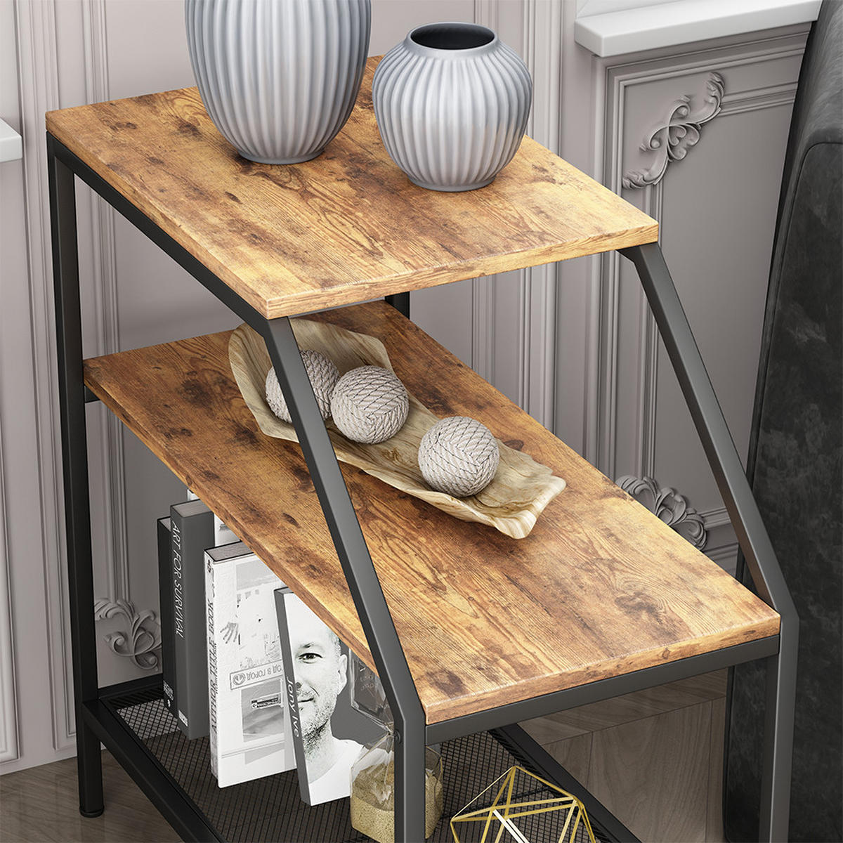 ANSTELLTISCH Fyrk Eiche rustikal 30 x 60 cm mit 2 offenen Ablagen - Wildeiche/Schwarz, Holzwerkstoff (60/30/61.5cm) - Vicco