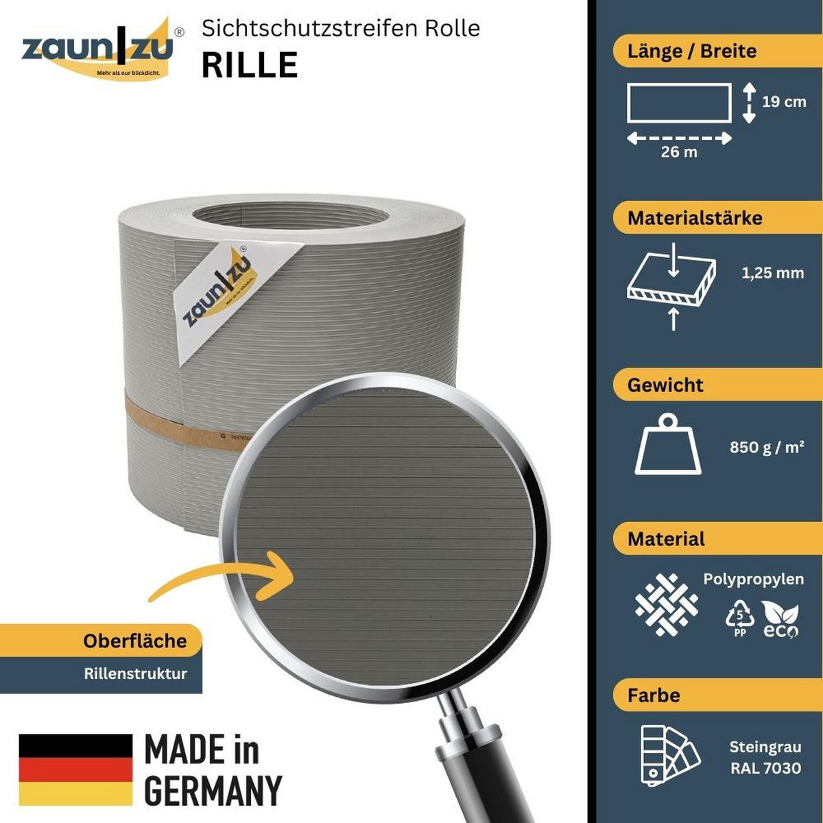 SICHTSCHUTZSTREIFEN Rille PP für Doppelstabmatten Zaun Steingrau 26m - Graubraun, Kunststoff (2600/19cm) - ZAUN|ZU