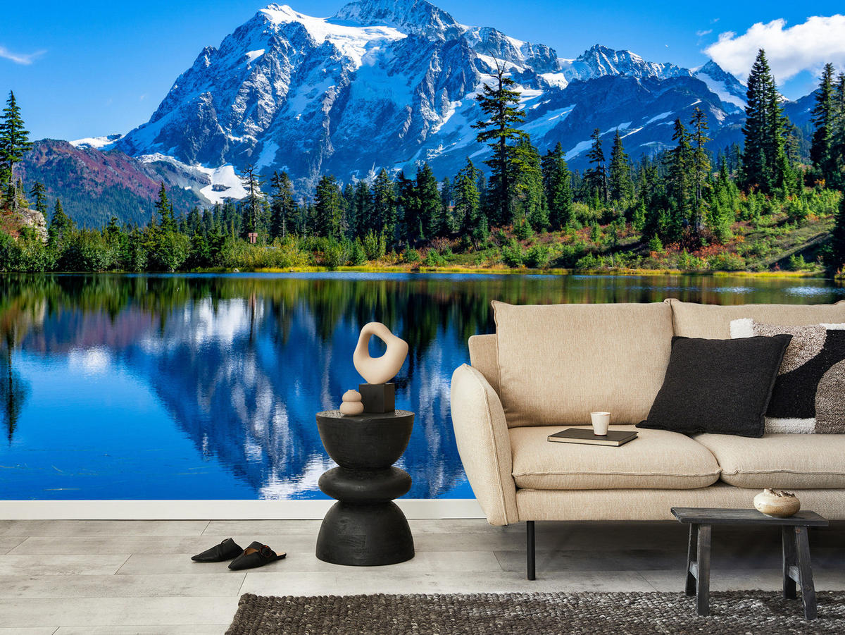 FOTOTAPETE See Berge Wald Landschaft 3D 400x280 - Blau/Beige, Papier (400/280cm) - Muralo