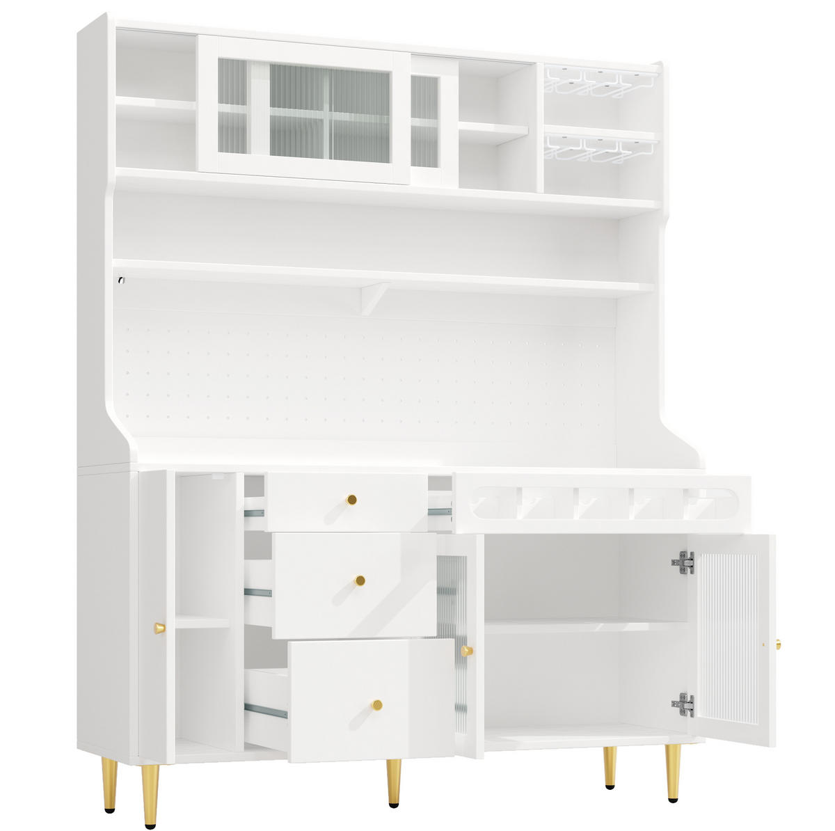 BUFFET 145/39/171 cm aus MDF und Glas mit LED-Beleuchtung und verstellbaren Einlegeböden Weiß - Weiß, Holzwerkstoff (145/171/39cm) - Modenvie