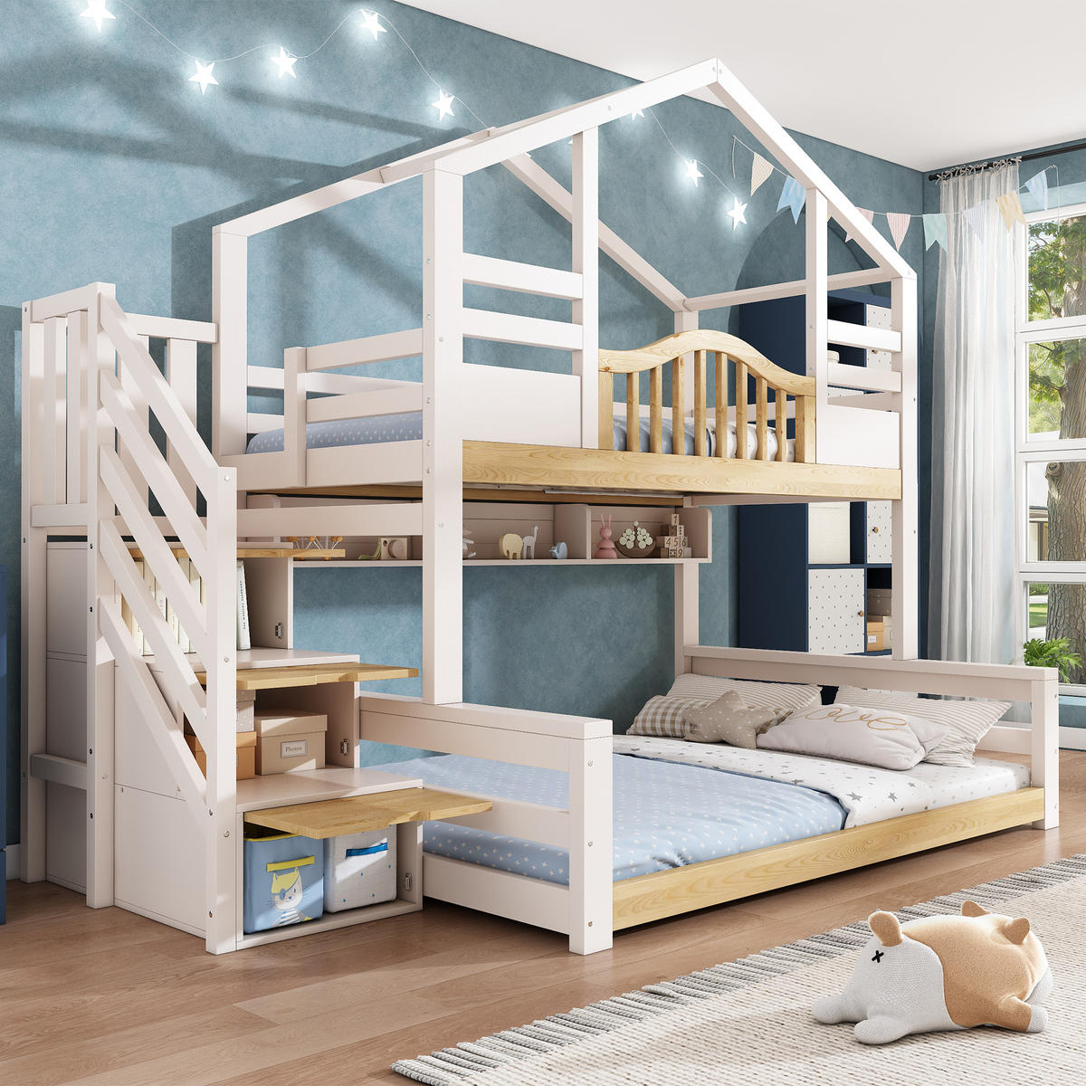 ETAGENBETT 90/200 cm & 140/200 cm in Weiß & Holzfarbe mit Treppenschrank und Regalen - Weiß, Holz/Holzwerkstoff (140/200cm) - WISHDOR