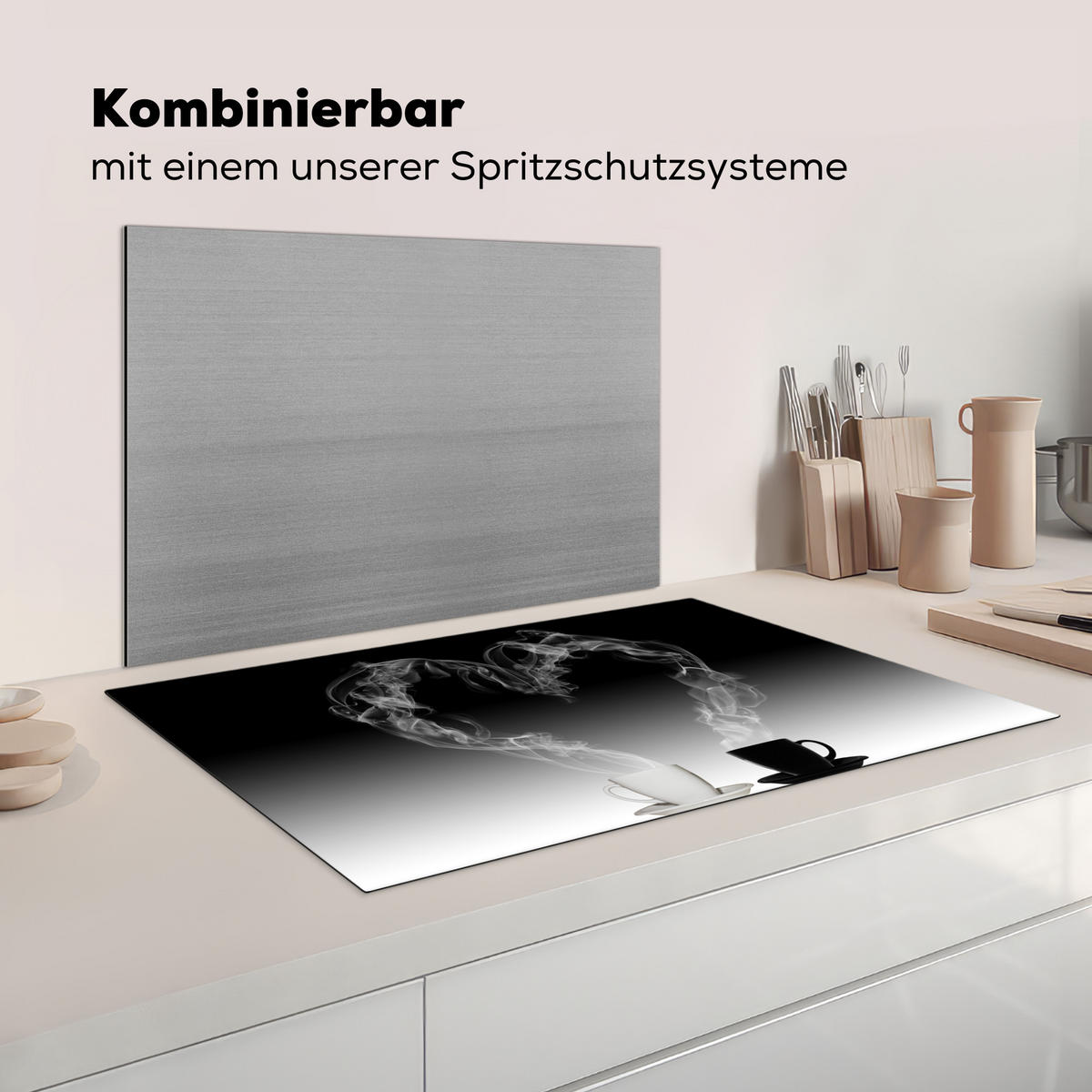 HERDABDECKPLATTE Kaffee - Herz - Schwarz und weiß - Tassen Ceranfeldabdeckung 85x52 cm - Weiß, Kunststoff (85/52/0.2cm) - MuchoWow