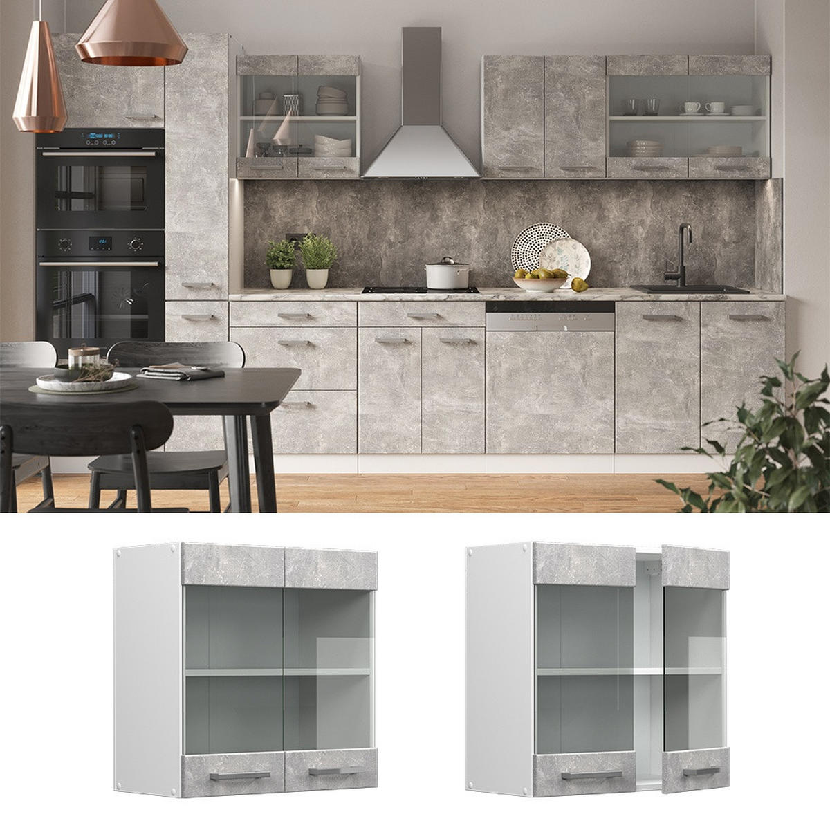 KÖKSGLASSKÅP R-Line betong 60 cm - Vit/Grå, Träbaserade material (60/60/31cm) - Vicco