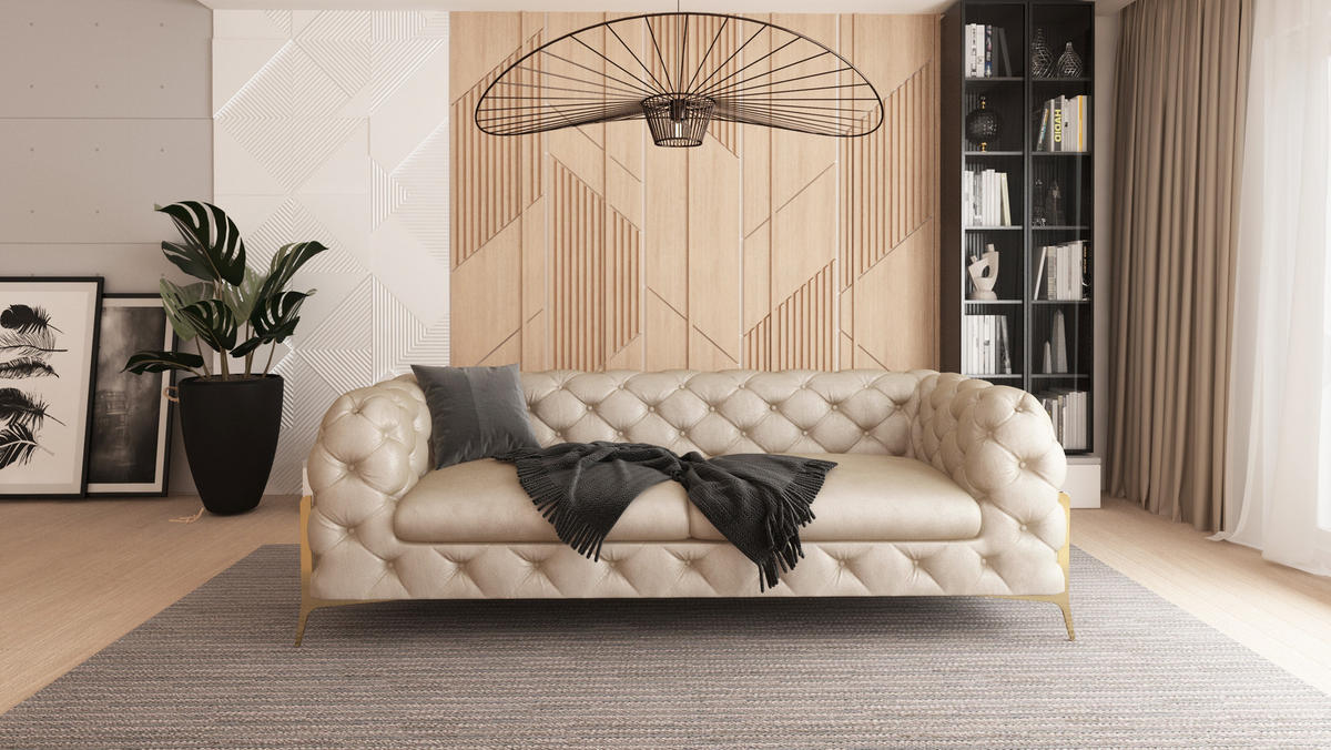 CHESTERFIELD-SOFA 3-Sitzer Vertex Beige Samt - Beige/Goldfarben, Holz/Textil (225/75/100cm) - S-Style Möbel