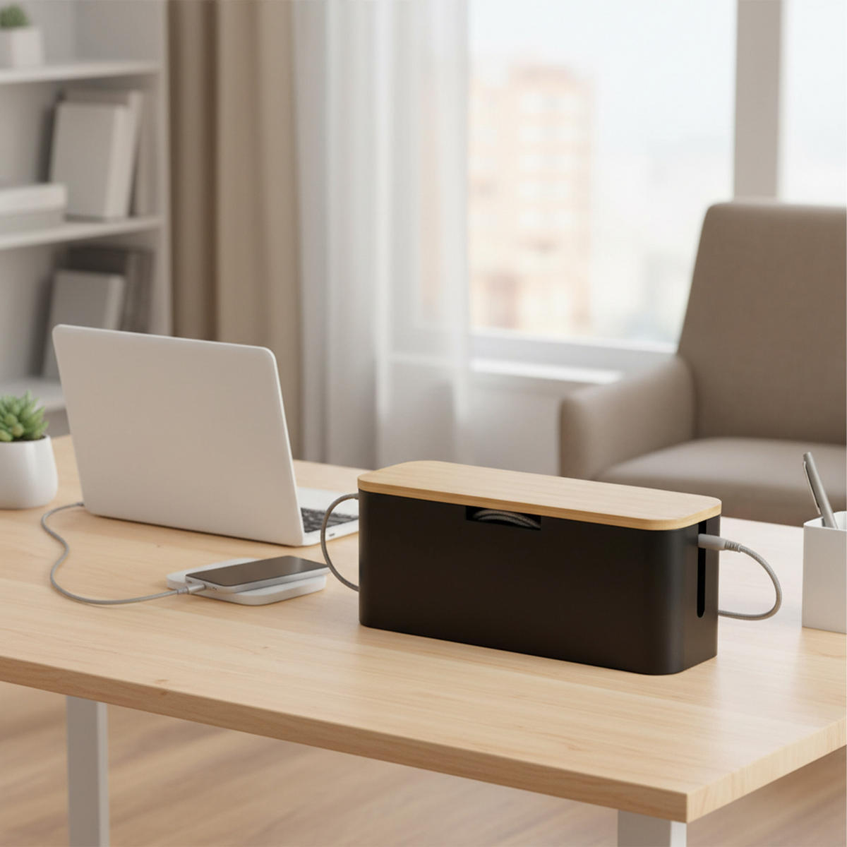 KABELBOX - Schwarz, Holz/Metall (11/34/14.5cm) - Relaxdays