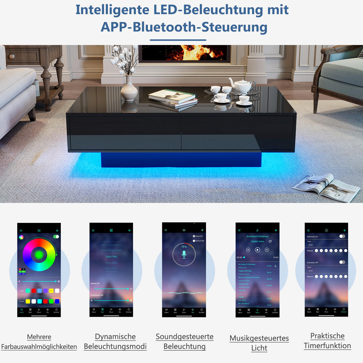 COUCHTISCH DE-185 Schwarz mit LED und 2 Schubladen - Schwarz, Holzwerkstoff (55/115/34cm) - ComfortXL