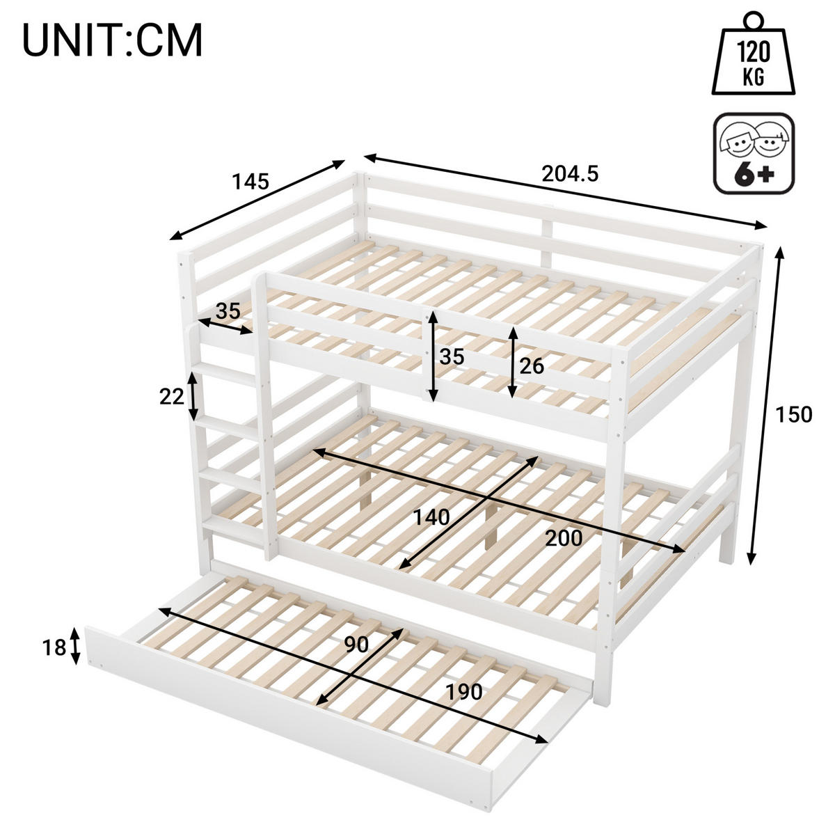 ETAGENBETT 140/200 cm in Weiß mit Ausziehbett und stabiler Treppe - Weiß, Holz (140/200cm) - OKMYHOME