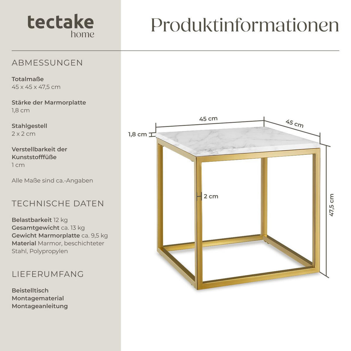 MARMOR-BEISTELLTISCH Alysia,mit höhenverstellbaren Kunststofffüßen,gold/weiß - Goldfarben/Weiß, Stein (45/45/47.5cm) - tectake