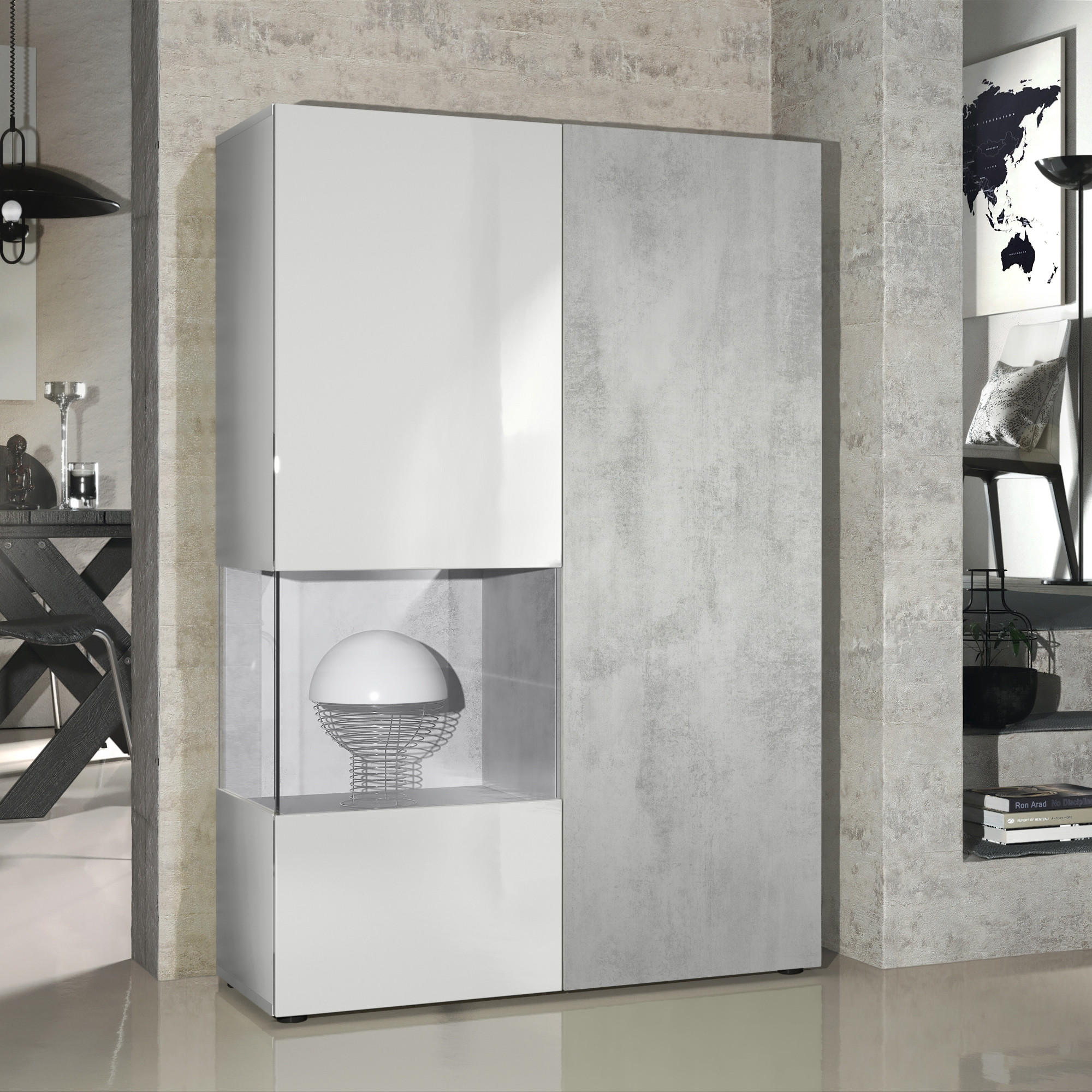 VITRINE Morena Tür und Einsatz in Beton Oxid Optik - Hellgrau, Holzwerkstoff (91.5/136.5/37cm) - Vladon