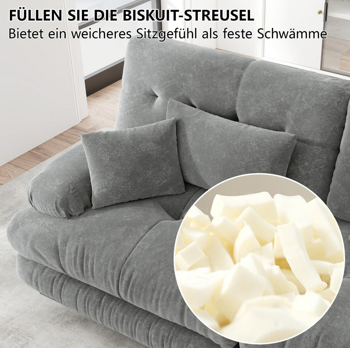 ECKSOFA modular mit beweglichen Ottomane, Cloud-Komfort und tiefem Sitz, Grau - Grau, Textil (313/145cm) - Redom