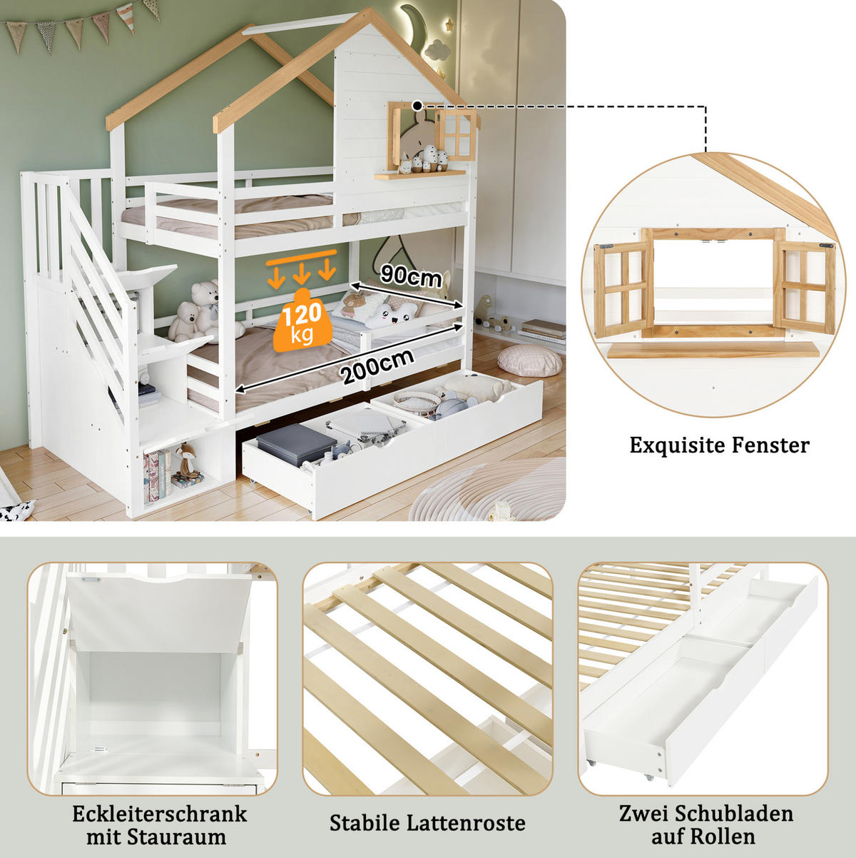 ETAGENBETT Weiß/Natur 90/200 cm mit Treppe und Stauraum - Weiß, Holz (90/200cm) - MIVRAY