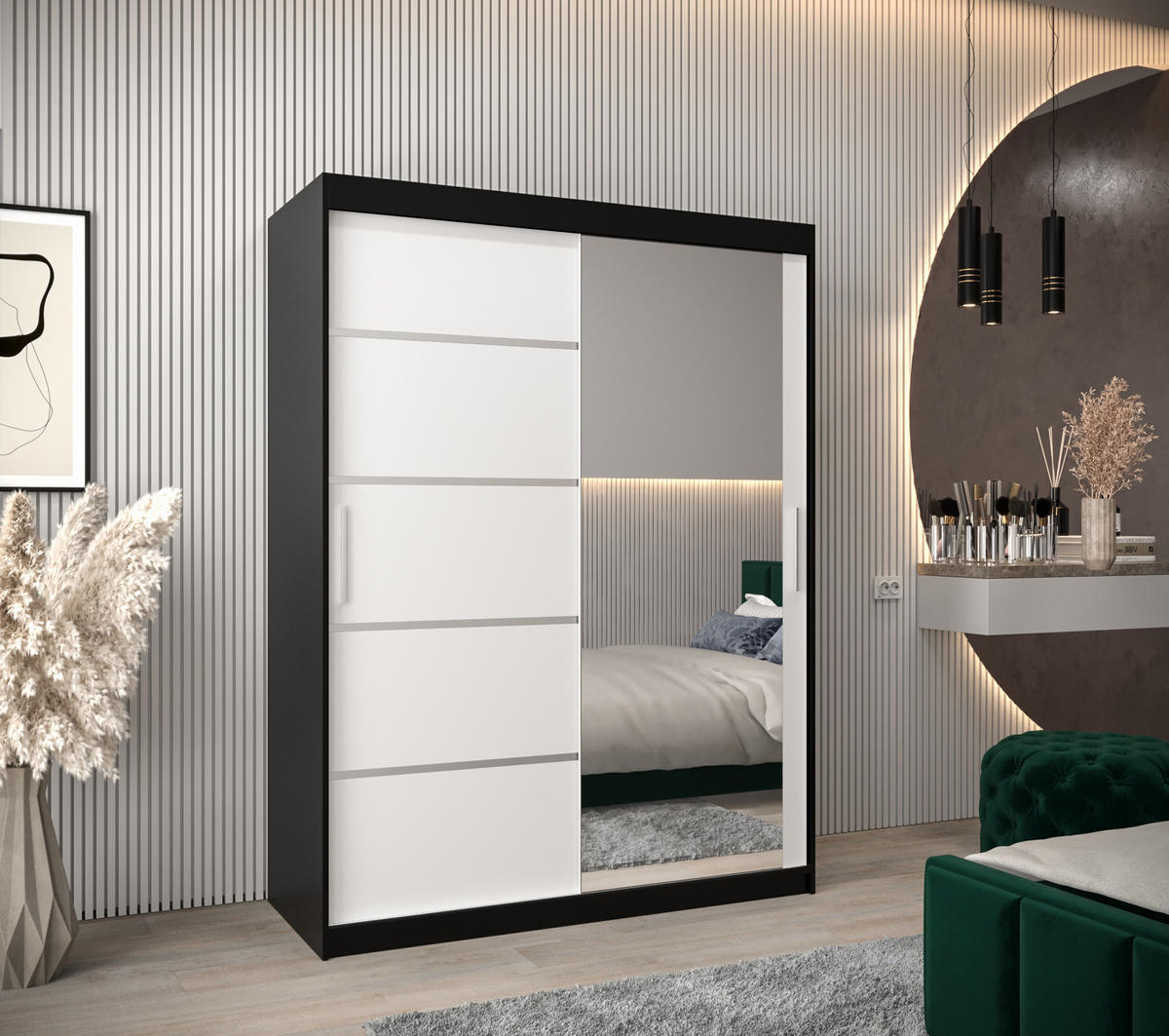 SCHWEBETÜRENSCHRANK 200/150/62 2-türig - Silberfarben/Schwarz, Holz/Kunststoff (150/200/62cm) - Abiks Möbel
