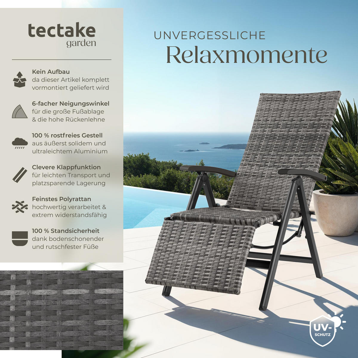 RATTANSTUHL Brisbane ,58 x 77 x 113 cm,grau - Grau, Kunststoff (58/113/77cm) - tectake