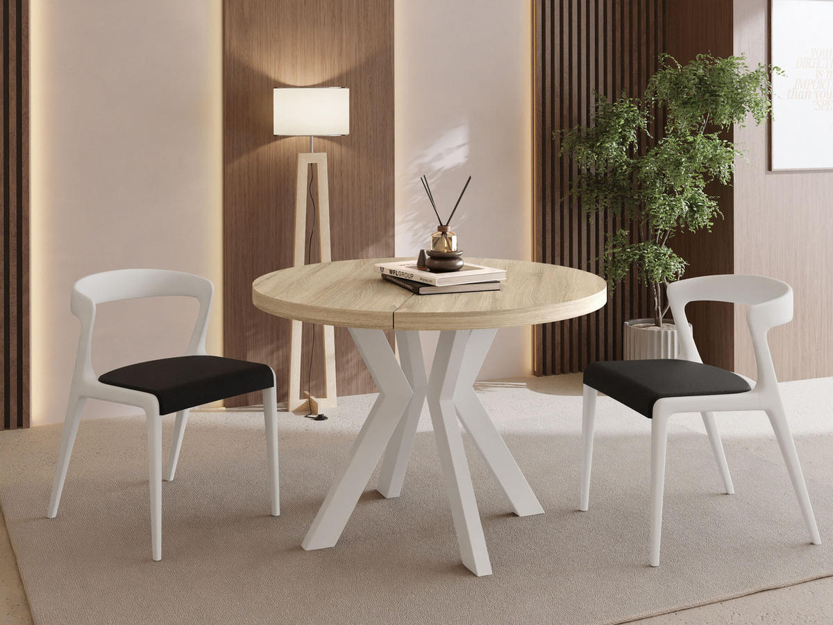 ESSTISCH Savio Weiß rund ausziehbar verlängerbar XXL, Eiche Sonoma Hellbraun 100-200/100/77 cm - Weiß/Sonoma Eiche, Holz/Holzwerkstoff (100/100/77cm) - WFL GROUP