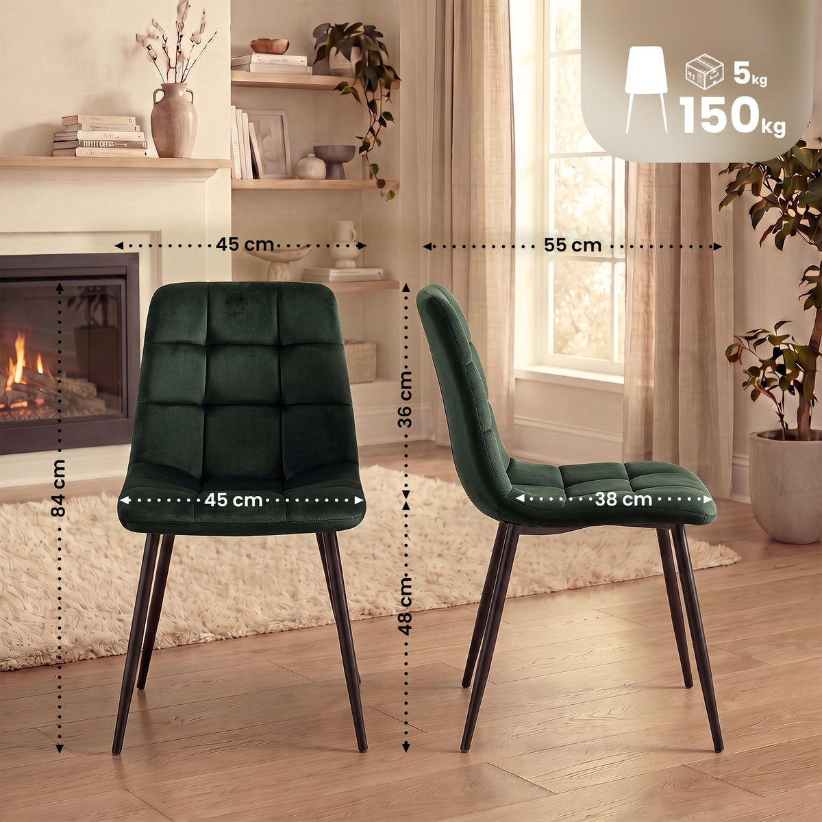 STUHL 4 Samt Grün - Schwarz/Grün, Textil/Metall (45/84/55cm) - CLP
