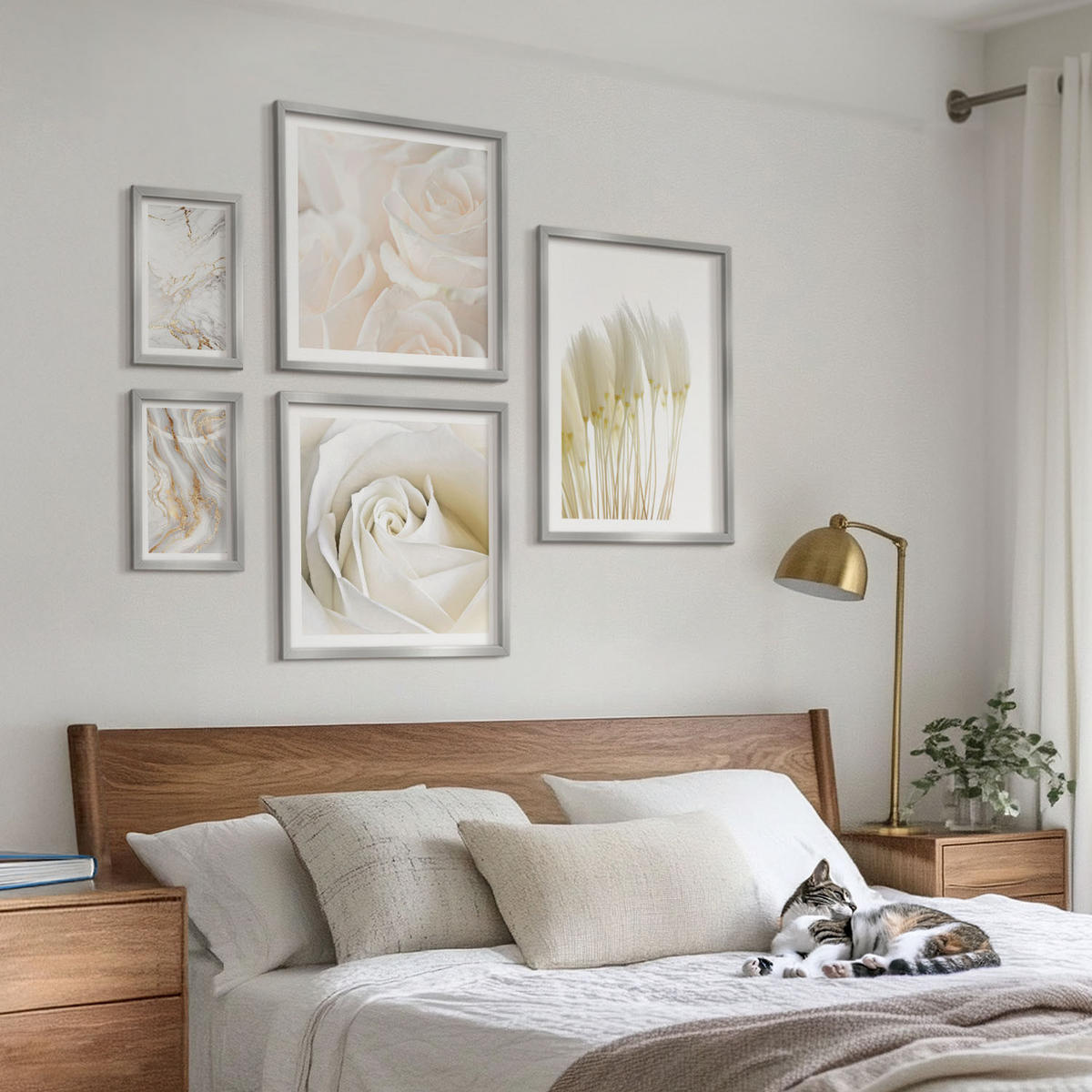 WANDBILDER 5er Set - 50x50 cm & 20x30 cm & 40x60 cm Silberner Rahmen - Elegante Marmormuster - Silberfarben, Kunststoff (40/60cm) - ArtPrintCave