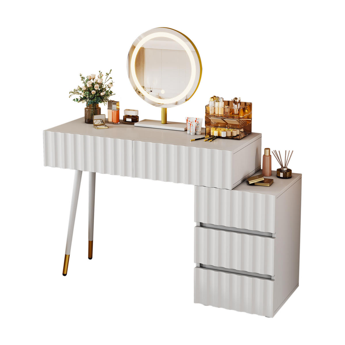 SCHMINKTISCH 100/40/127 cm Weiß mit LED-Beleuchtung und 5 Schubladen - Weiß, Holzwerkstoff (40/127/135cm) - OKWISH