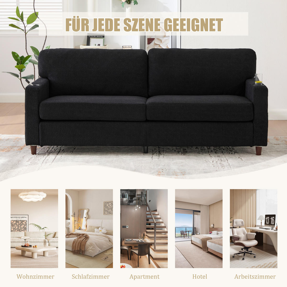 ZWEISITZER Sofa Chenille mit USB-Anschluss und LED-Licht 203/77,5/86 cm Schwarz - Schwarz, Textil (77.5/86/203cm) - Redom