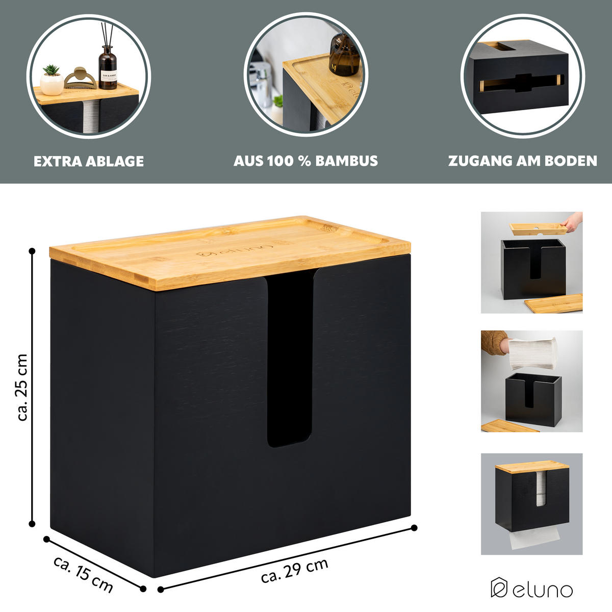 PAPIERHANDTUCHSPENDER mit Bambus-Einsatz - Schwarz, Holz (29/25/15cm) - eluno