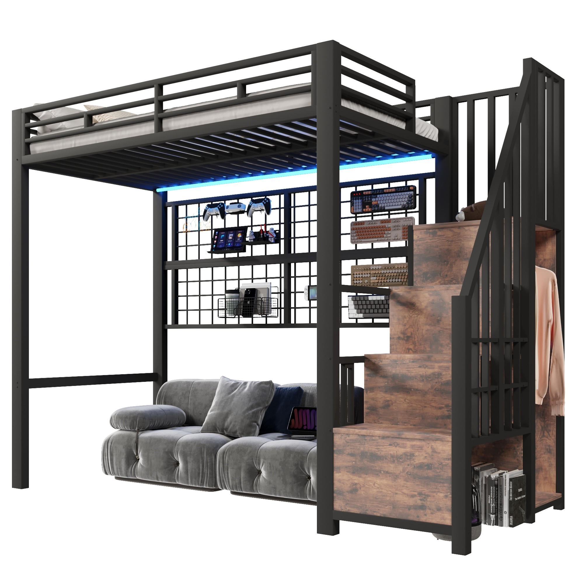 HOCHBETT 90/200 cm Schwarz aus Metall und MDF mit Stauraumleiter - Schwarz, Metall (90/200cm) - OKMYHOME