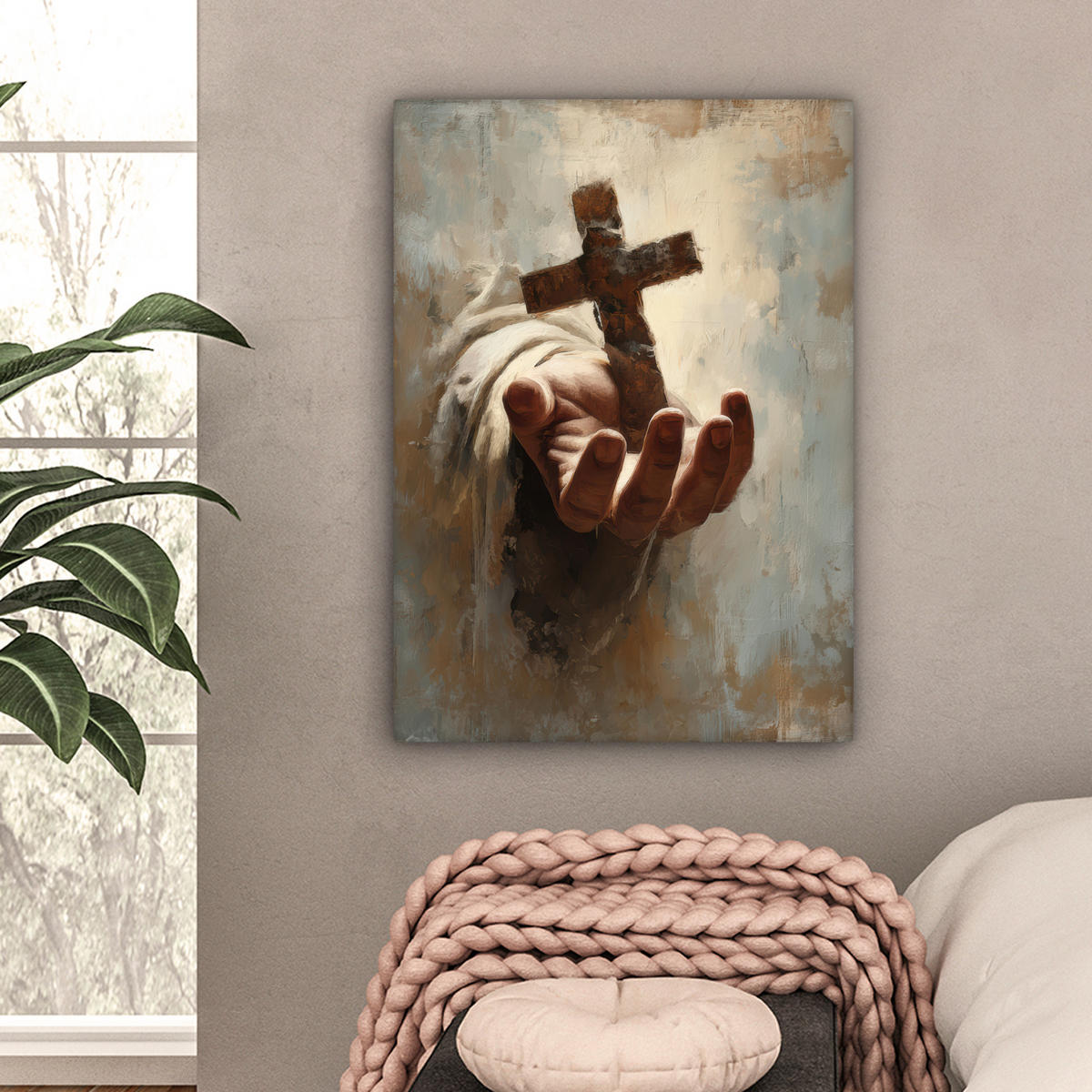 LEINWANDBILD Abstrakt - Kreuz - Hand - Christentum Wandbild Wohnzimmer 60x80 cm - Hellbraun, Textil (60/80cm) - MuchoWow