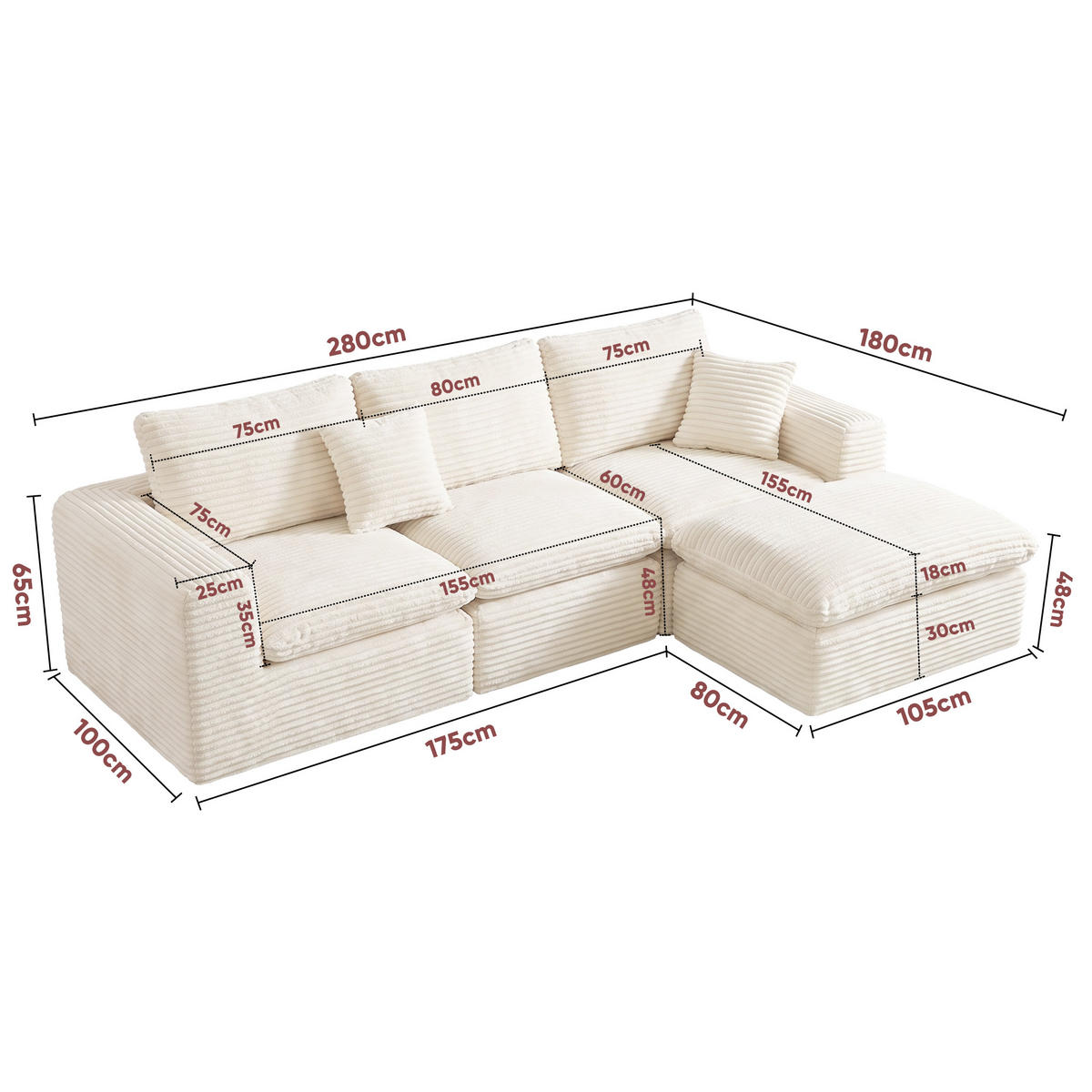 ECKSOFA 280/180/65 cm Beige Cord mit 1 Fußhocker - Beige, Textil (180/280cm) - Oxeza