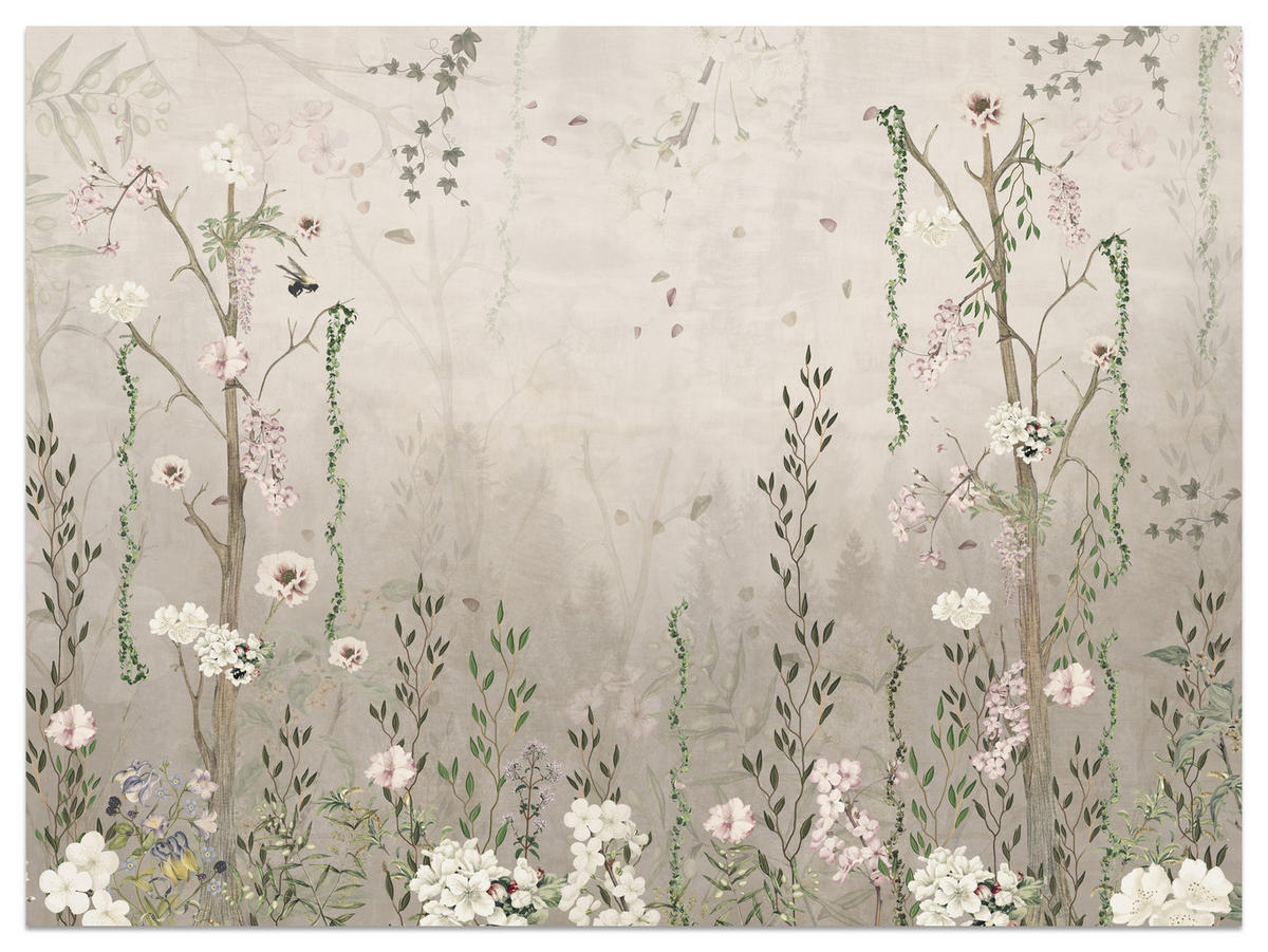FOTOTAPETE für Wohnzimmer Vintage Blumenwiese Wildblumen Natur 500x350 - Beige/Braun, Papier (500/350cm) - Muralo