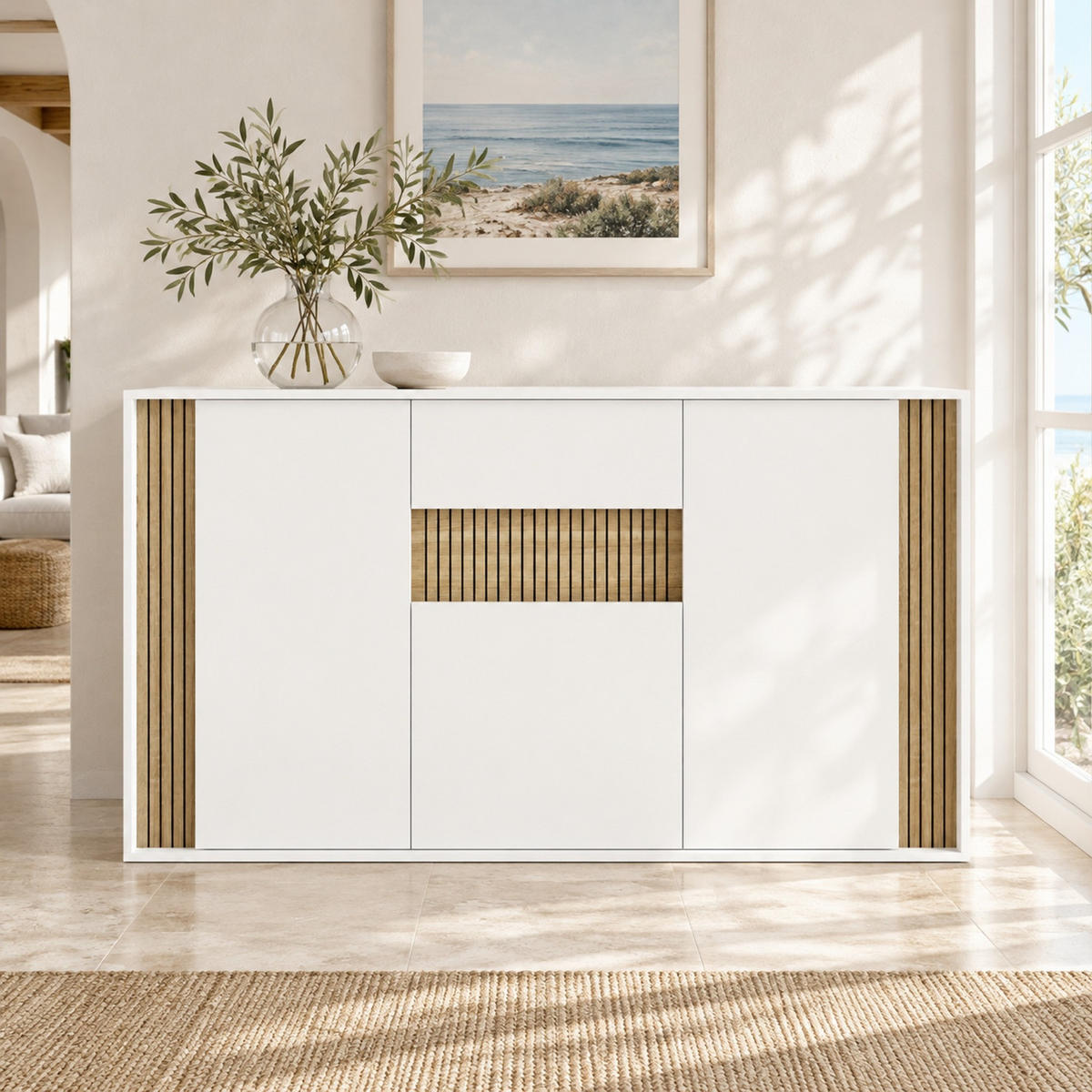 SIDEBOARD in Weiß und Natur 140x40x82 cm mit 3 Türen, Schublade und LED-Beleuchtung - Weiß, Holzwerkstoff (40/82/140cm) - IVMEU