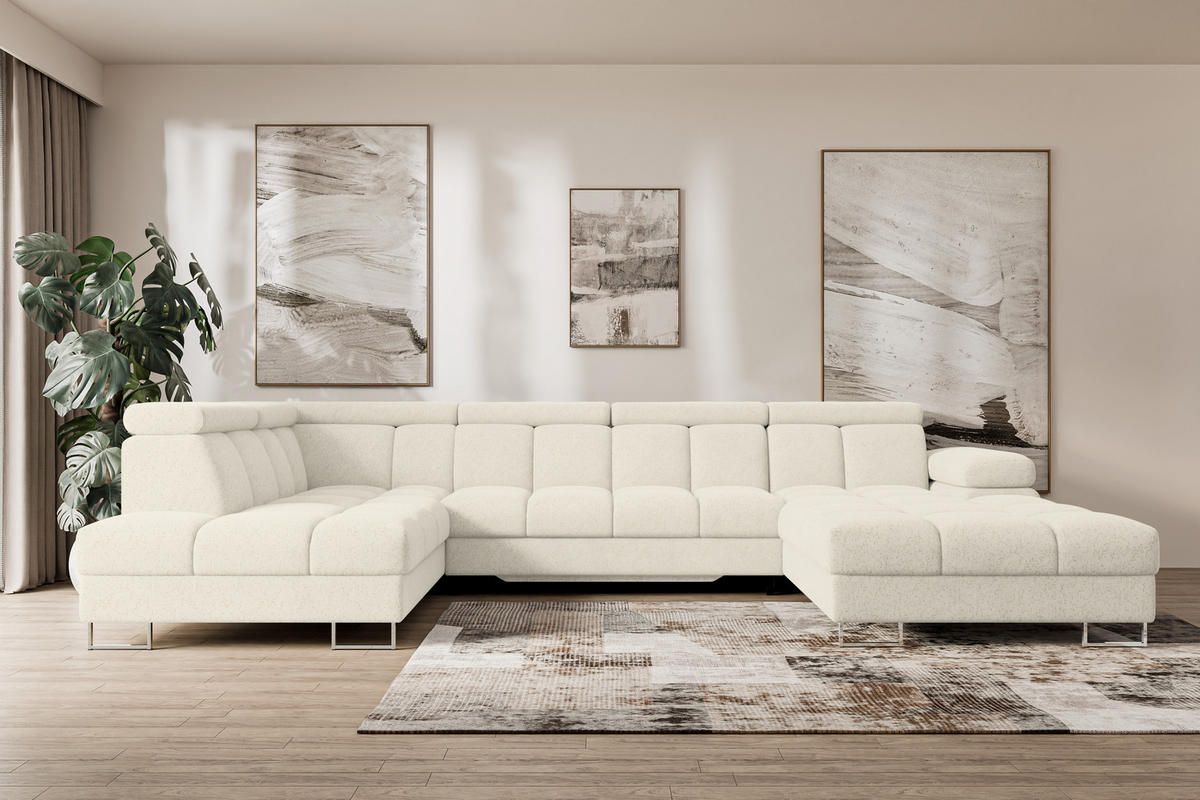 WOHNLANDSCHAFT mit Schlaffunktion und Bettkasten Ottomane Links COMA U 345x203x79 Creme Velours - Creme, Holzwerkstoff/Textil (345/79/203cm) - ALTDECOR