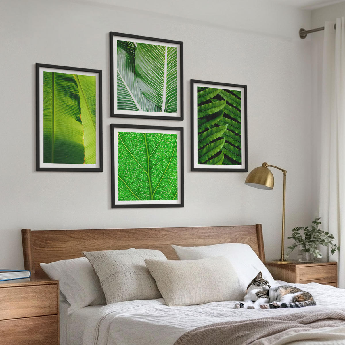 BILDER SET 4er Set - 50x50 cm & 40x60 cm Schwarzer Rahmen - Nahaufnahme von tropischen Blättern - Schwarz, Kunststoff (50/50cm) - TULUP