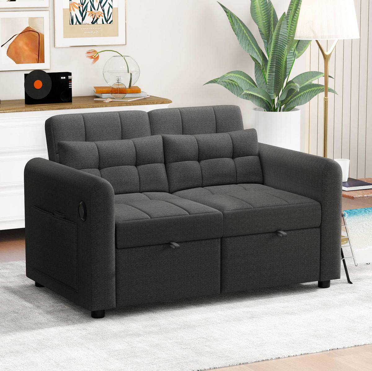 SCHLAFSOFA aus Baumwoll-Leinen 142x85x83 cm Grau mit USB-Anschlüssen, Seitentaschen und verstellbarer Rückenlehne - Grau, Textil (142/83/85cm) - Modfu
