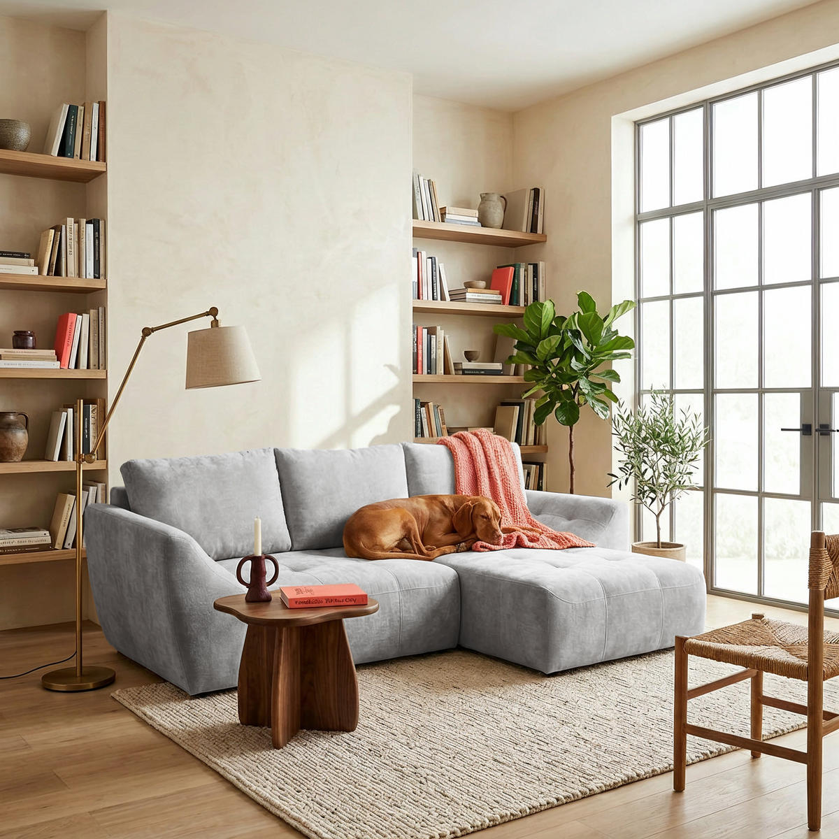 ECKSOFA NICE L Rechts mit Schlaffunktion 137x204 Chenille Hellgrau - Hellgrau/Schwarz, Holz/Textil (165/260cm) - Muffo