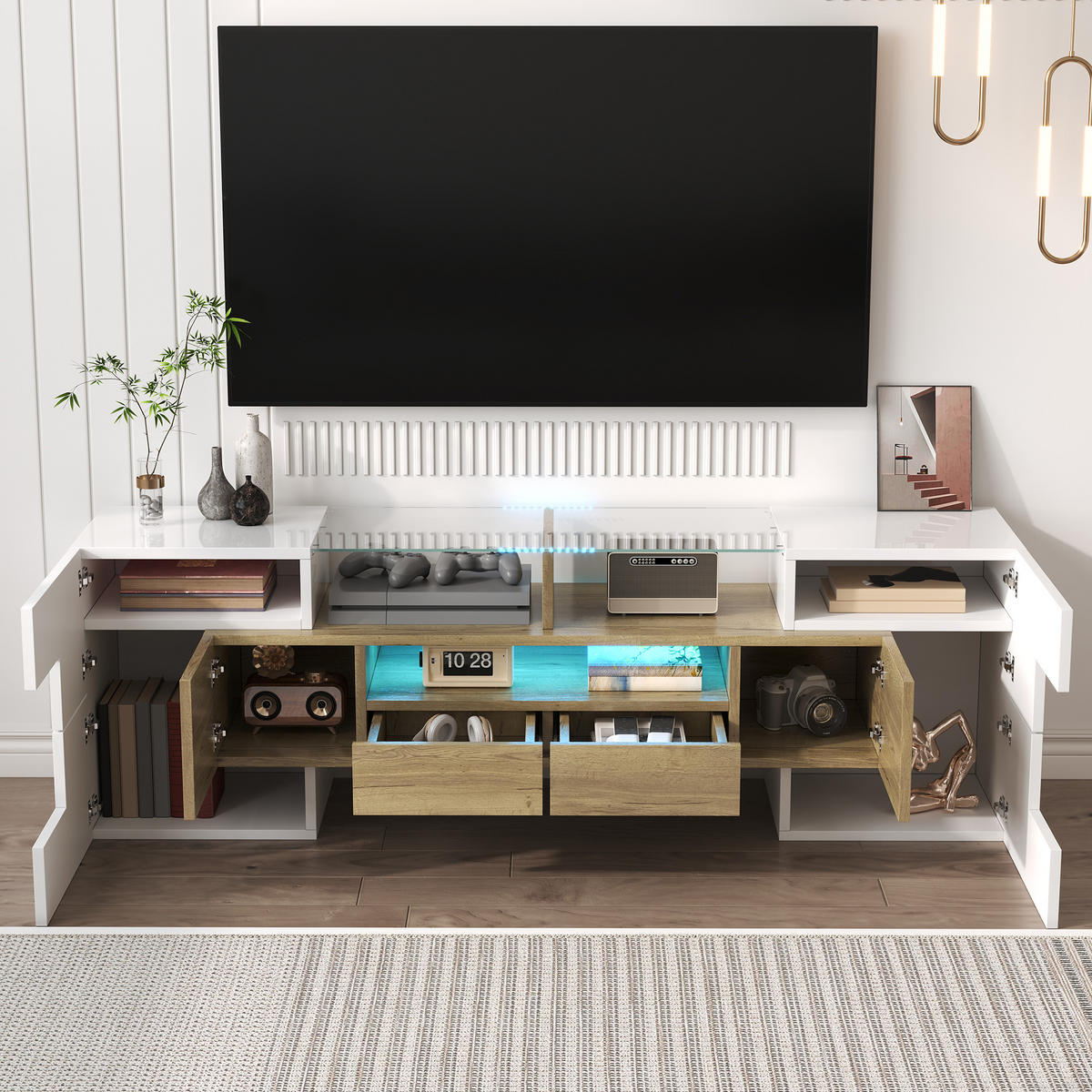 TV-SCHRANK in Hochglanz Weiß/Goldoptik mit LED und Schubladen 145/30/51 cm - Weiß, Holzwerkstoff (145/51/30cm) - Redom