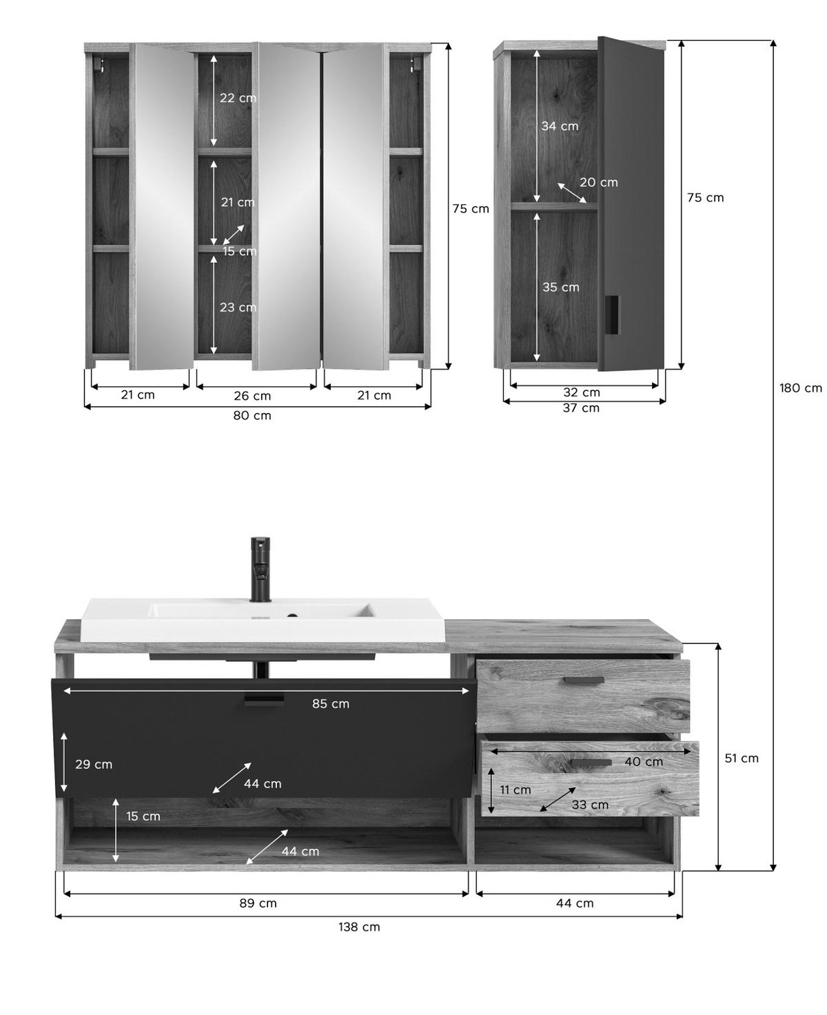 BADMÖBEL-SET Eiche, grau matt 138 cm, Kombination mit Waschbecken - Eichefarben/Grau, Holzwerkstoff (140/192/48cm) - Inn.Furn