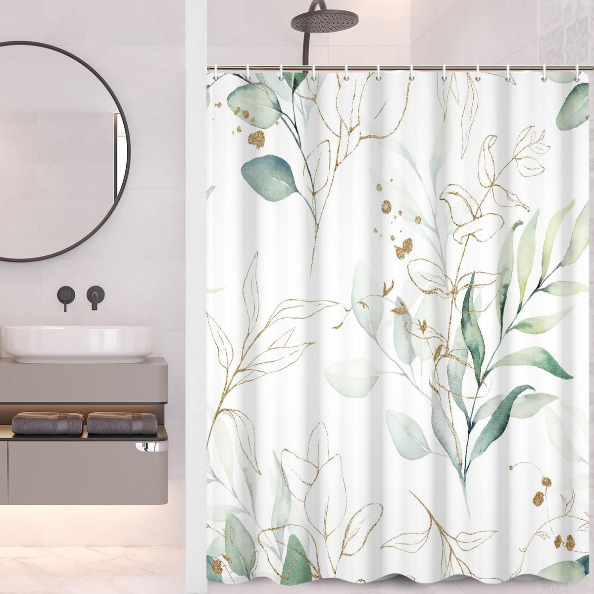 DUSCHVORHANG Grün Eukalyptus 180 x 180 cm Dekoration modern mit Haken Badezimmer - Grün, Textil (180/180cm) - MCBOSON