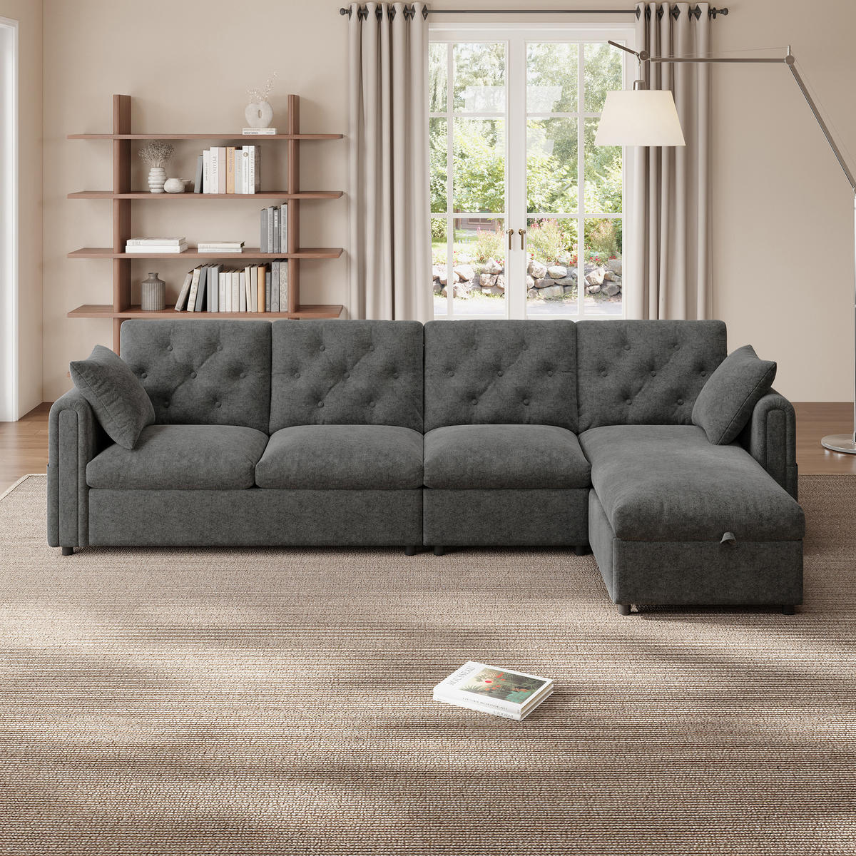 ECKSCHLAFSOFA Samt Grau mit Stauraum, Schlaffunktion und Armlehntaschen - Beige, Holzwerkstoff/Kunststoff (281/132cm) - WISHDOR