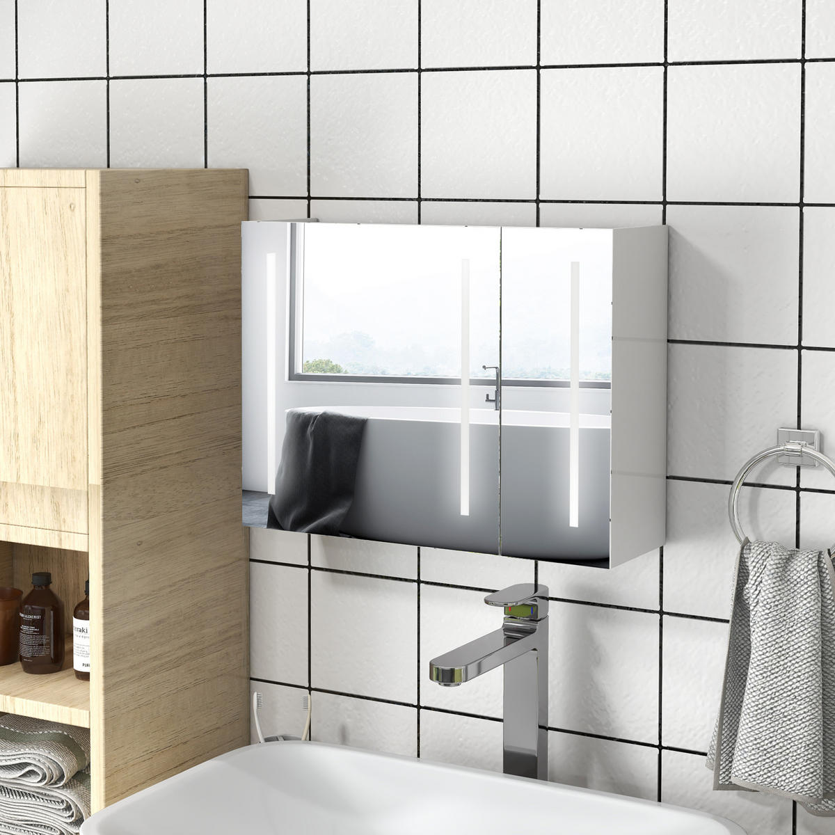 SPIEGELSCHRANK, Spiegelschrank mit USB-Ladeanschluss, 90 x 15 x 70 cm ,Weiß - Weiß, Glas (90/70/15cm) - Vallsero