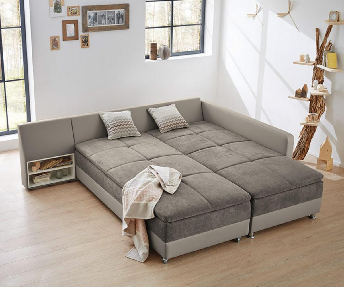 ECKSOFA-DAUERSCHLÄFER Doppelbett Boxspring Federkern Topper, Schwenkteil links B306/T223/H95 cm, Kunstleder Beige+Mikrofaser Grau Braun / 15101 - Chromfarben/Graubraun, Textil/Metall (306/223cm) - luma-home
