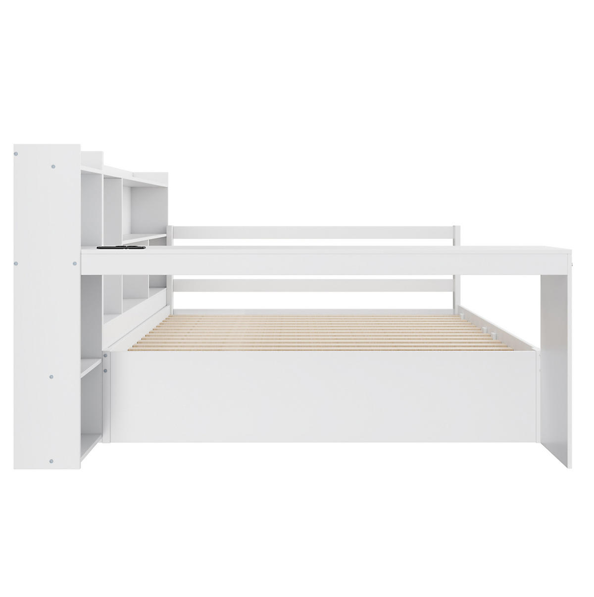 BETT aus 140x200 cm Weiß mit Ausziehbett, Schreibtisch, Regalen und Steckdose - Weiß, Holzwerkstoff (90/200cm) - Modfu