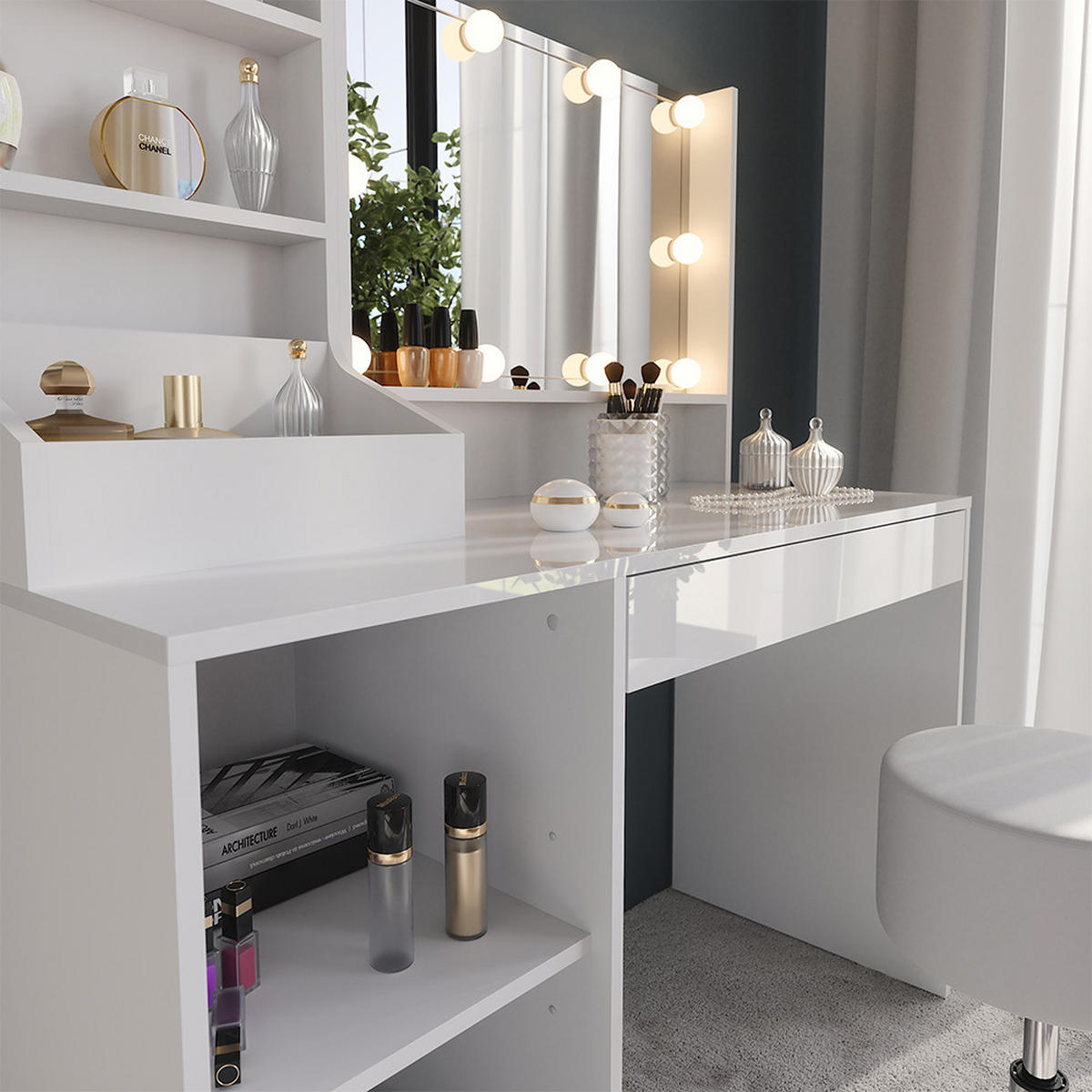 SCHMINKTISCH Sherry Weiß/Weiß Hochglanz 119.8 cm 5 Teile - Weiß Hochglanz, Holzwerkstoff (119.8/76/50.1cm) - Vicco