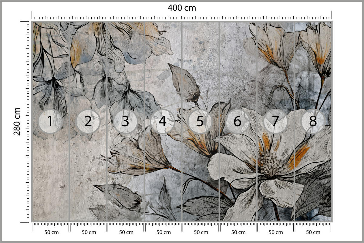 FOTOTAPETE für Büro Blumen Blätter Betongrund Vintage Pflanzen 400x280 - Grau, Papier (400/280cm) - Muralo