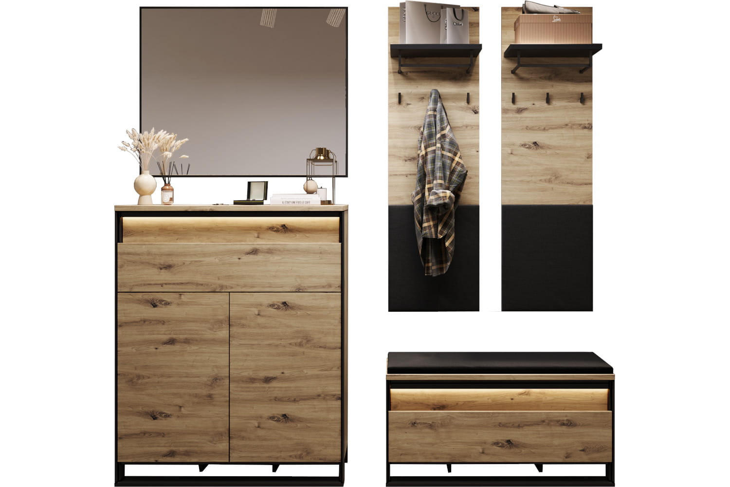 Meblini Garderobe Eiche Artisan, Schwarz 184x182x40 cm
